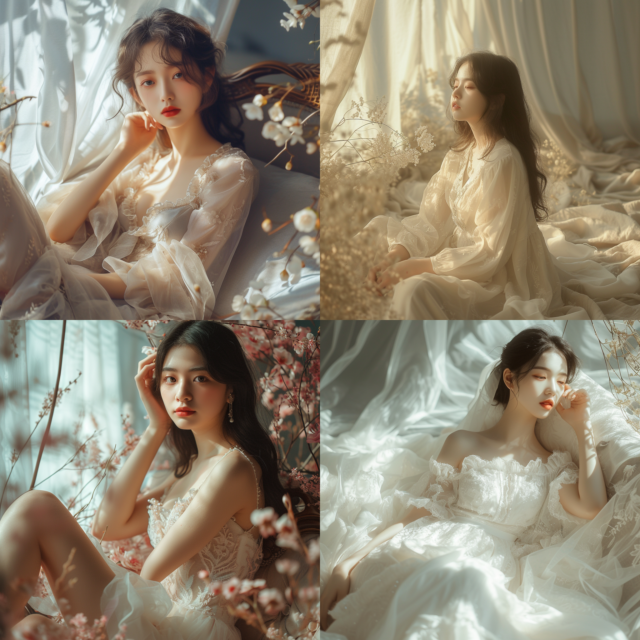 prompt. 中国女孩，清纯，白皙的皮肤，柔和，坐在沙发上，温暖恬静，室内环境，肖像风格，中焦镜头，自然光，静态，优雅，暖色调，地上铺满了柔软的纱布，花，光影，朦胧美好的画面。