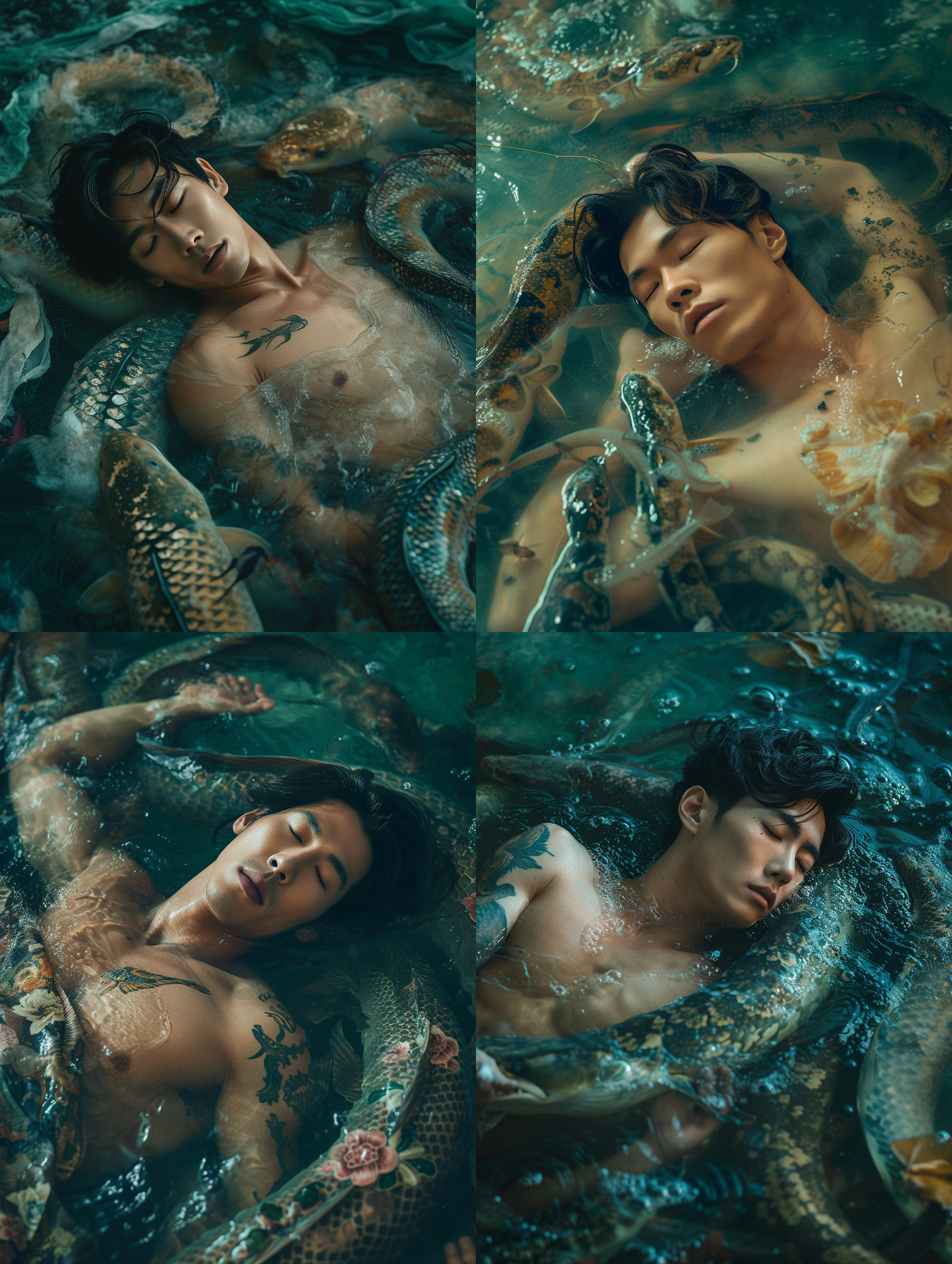 英俊的亚洲男人，躺在巨大鳗鱼池子里，肌肉，超现实主义，极致细节,真实摄影风格,鲜艳色调,节日氛围。