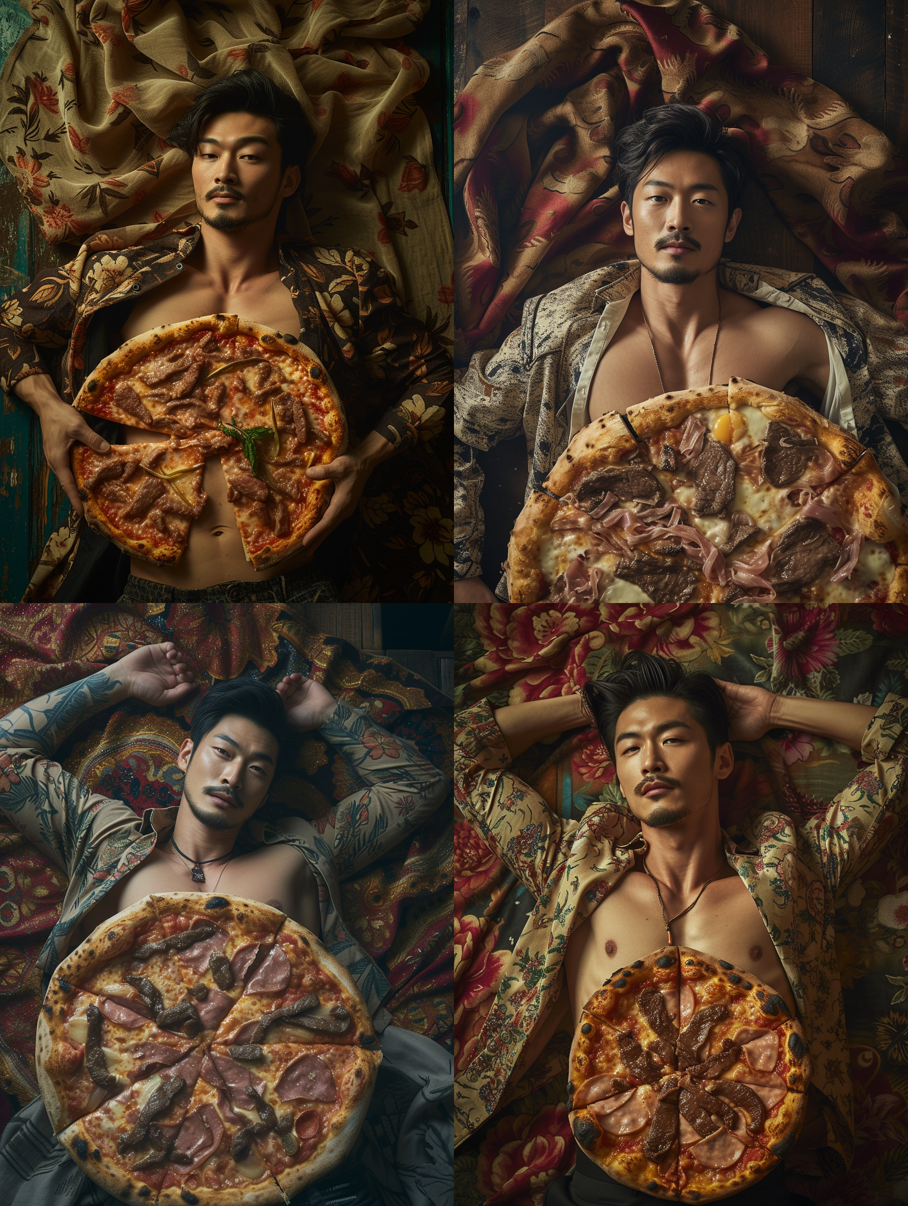 英俊的亚洲男人，躺在一个巨大的牛肉披萨里，轻微胡渣,敞开的衬衫，肌肉，丰富的食物，超现实主义，极致细节,真实摄影风格,鲜艳色调,节日氛围。