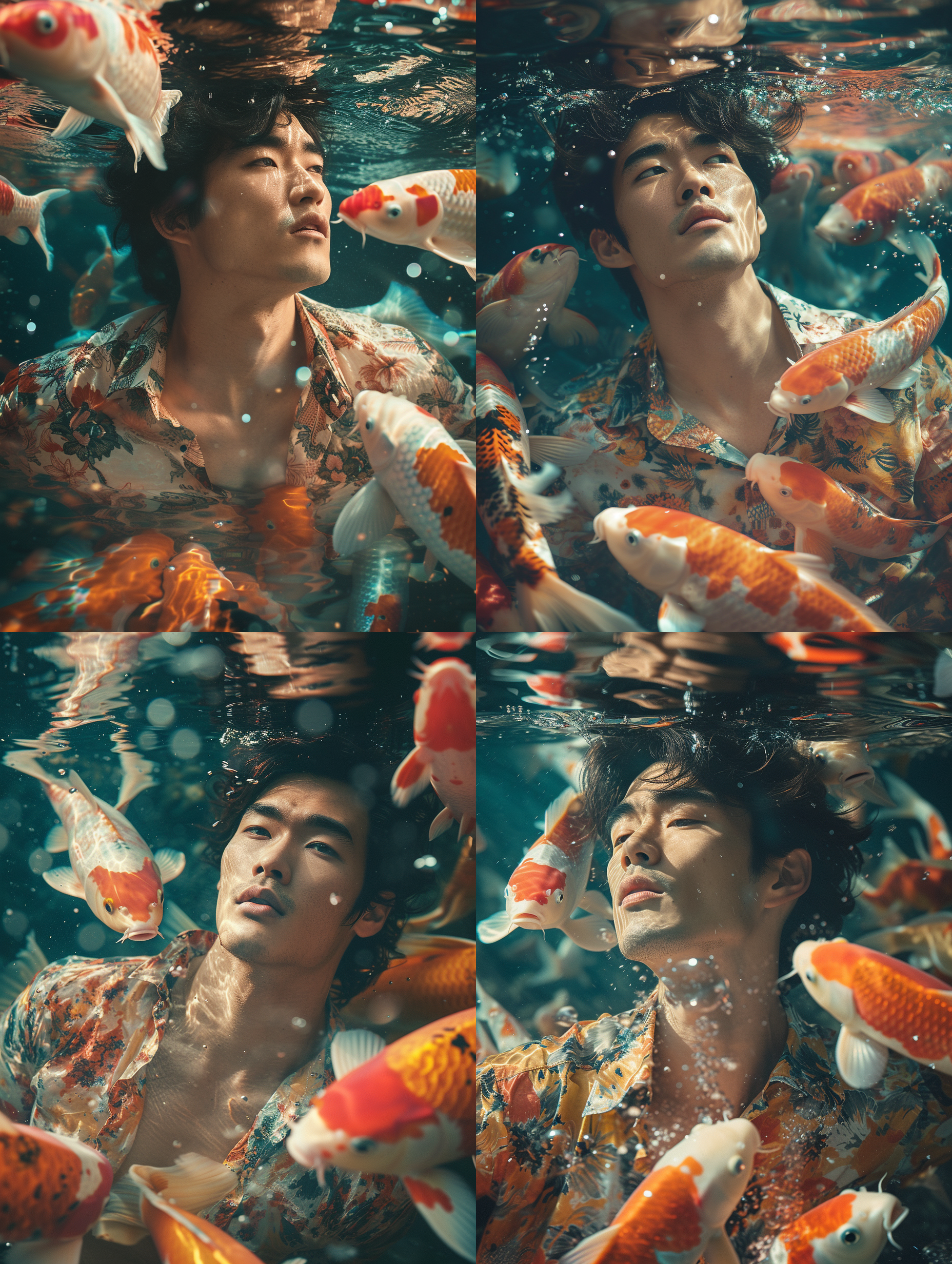 英俊的亚洲男人，在一群彩色的锦鲤中，水下摄影，敞开的衬衫，肌肉，超现实主义，极致细节,真实摄影风格,鲜艳色调,节日氛围。