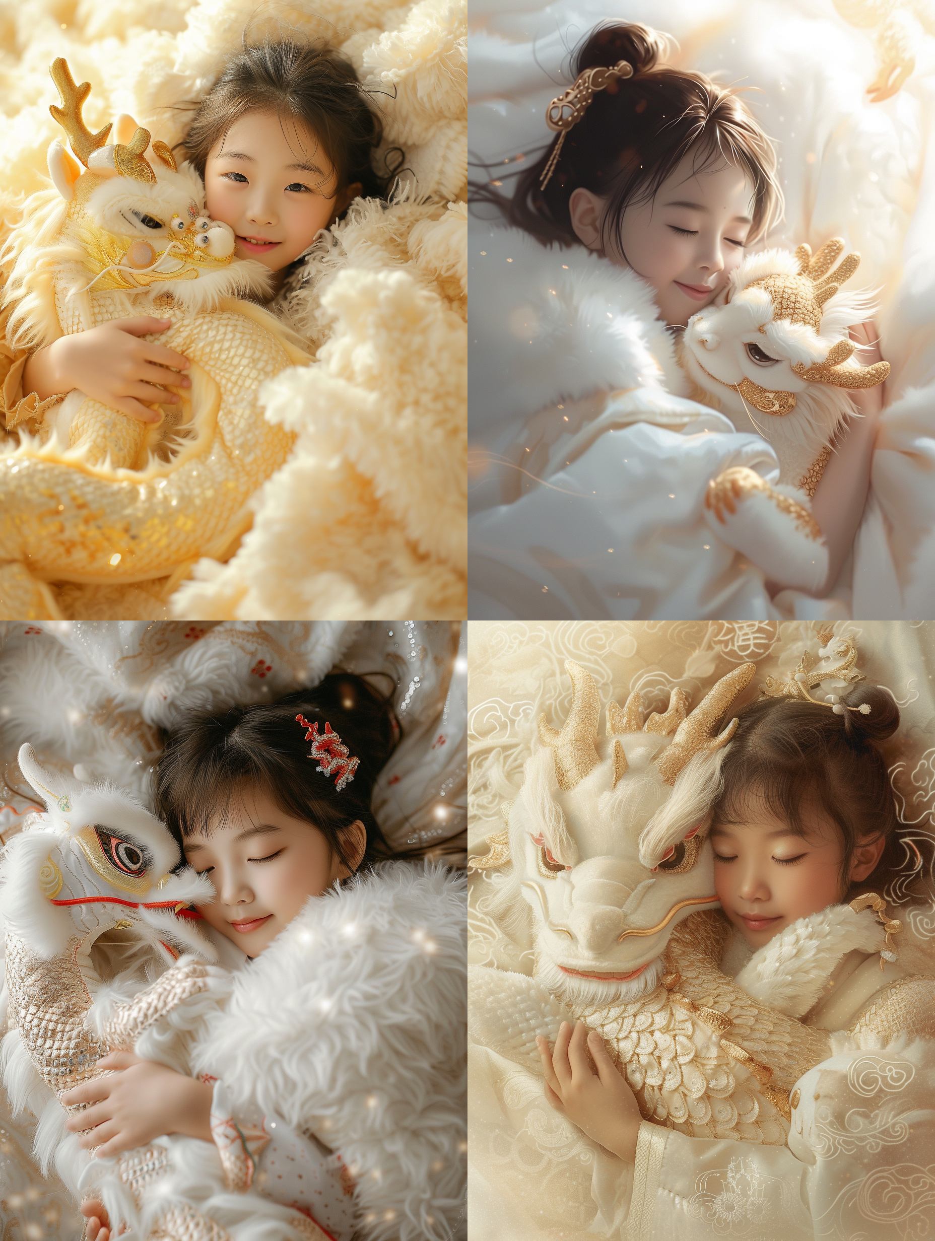 prompt. 中国女孩拥抱毛绒龙, 白色金色背景, 蓬松毯子, 宁静笑容, 飘渺风格, 柔焦, 中国符号, 欢乐, 柔和色调。