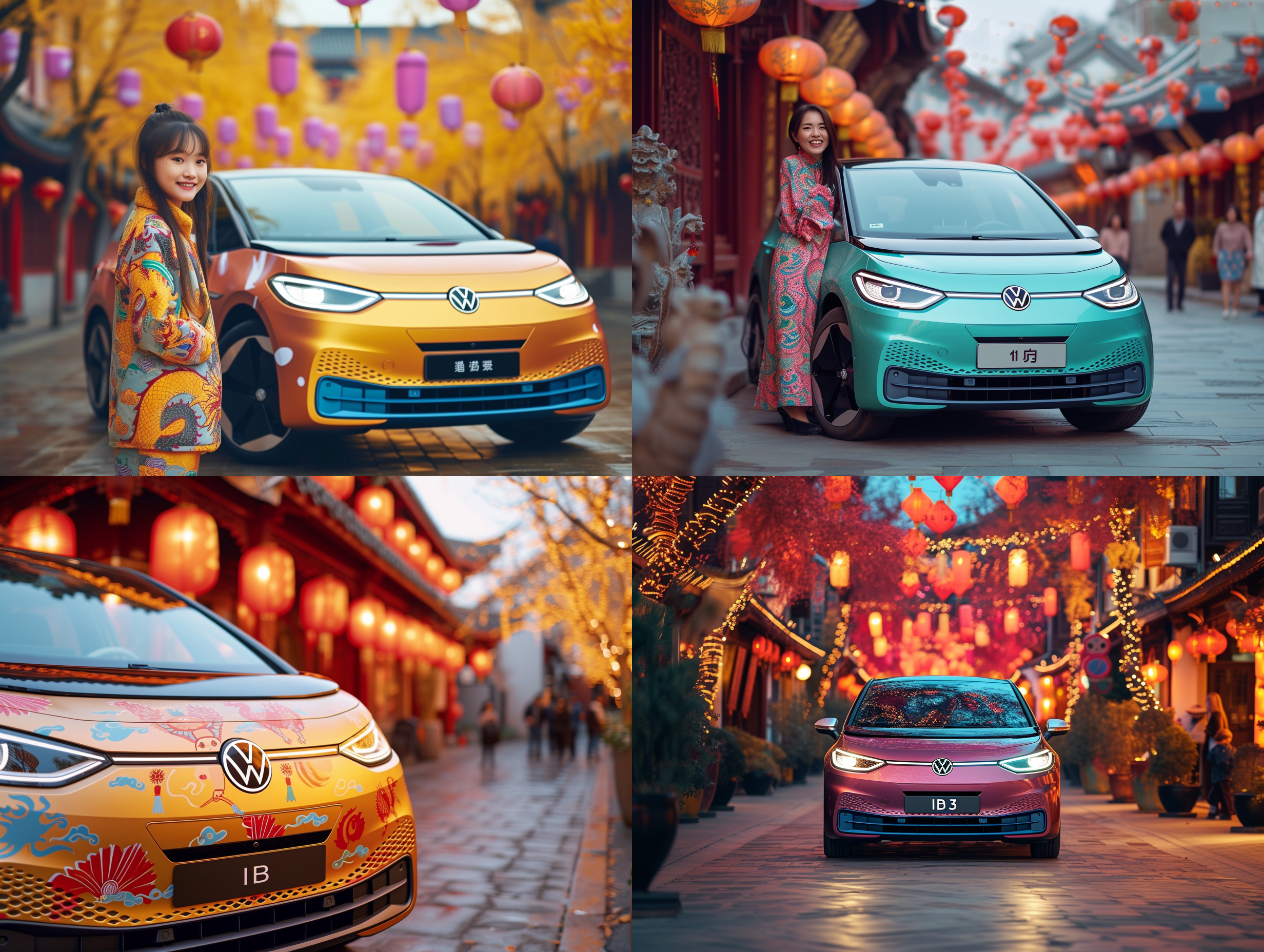 微笑萌动前脸的上汽大众id.3，龙形车贴在侧面构图中显得独特。春节氛围下，喜庆的暖色调给人带来温暖和喜庆的感觉。逆光拍摄增加了照片的层次感，细节丰富，展现出车辆的精细制作工艺。整体照片表达出热情欢乐的氛围，让人感受到温馨和幸福。id.3, 微笑, 前脸, 龙形车贴, 侧面构图, 春节氛围, 喜庆暖色调, 逆光拍摄, 细节丰富, 热情欢乐, 温馨