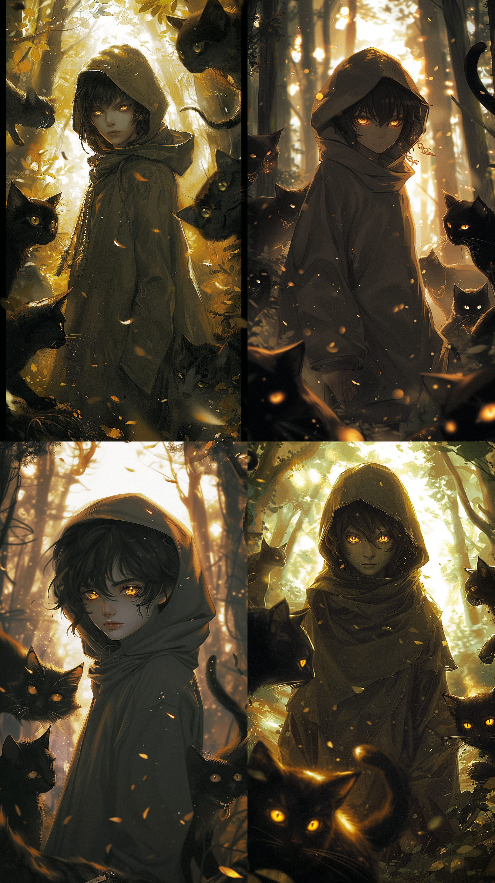prompt. 20多岁, 金色眼睛黑发, 面相成熟, 高个, 全身, 卡通, 兜帽, 模糊背景, 动物环绕, 金色眼瞳黑猫, 竖式构图, 森林场景, 色彩丰富, 暖色调, 数码绘画风格, 愉悦。