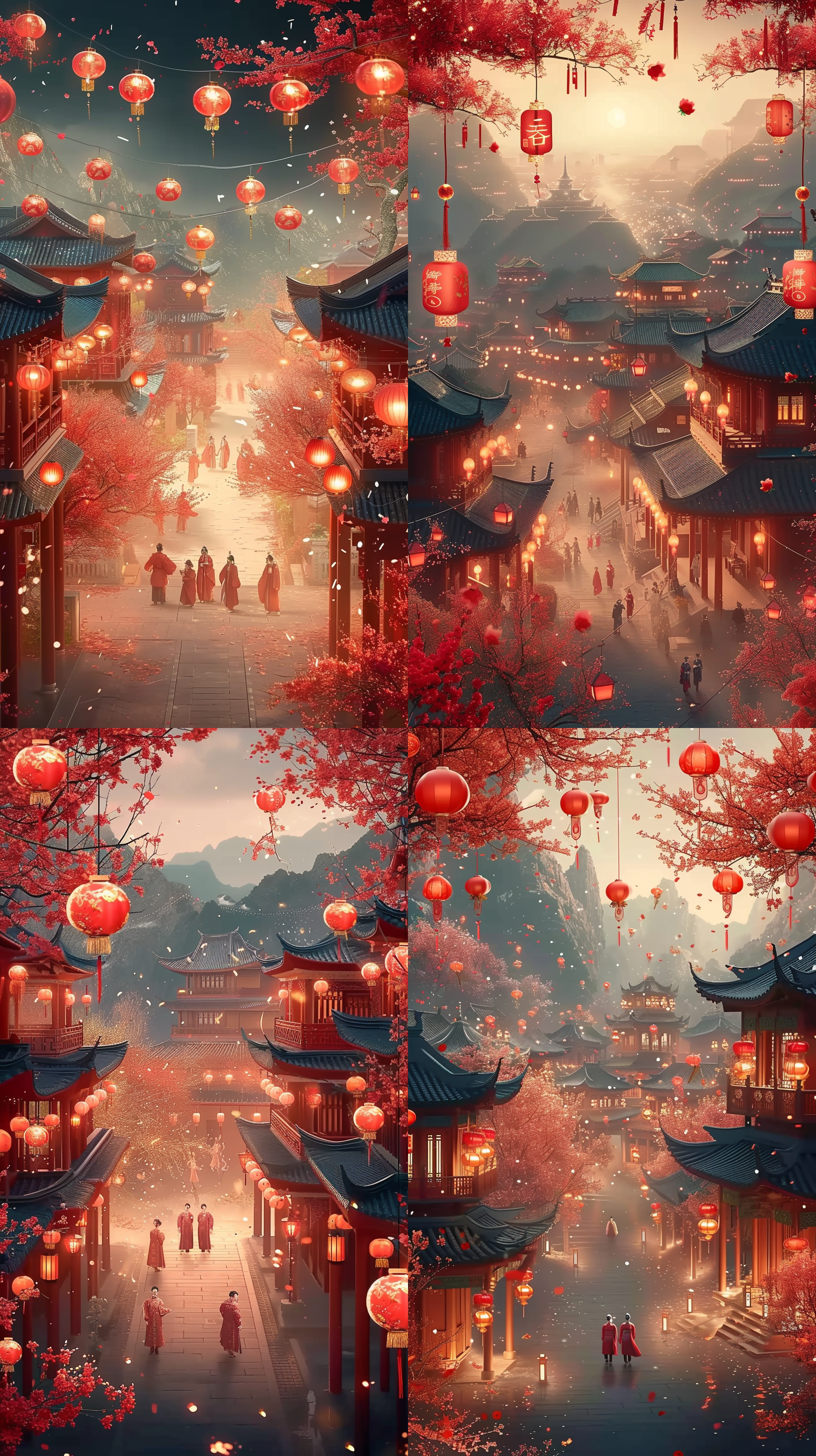 prompt. 新年氛围，喜庆，古代阁楼，张挂灯笼，行人，古代，红色汉服，红色和金色色调，金碧辉煌，超复杂细节，鸟瞰图，俯视，超广角，红色花树。