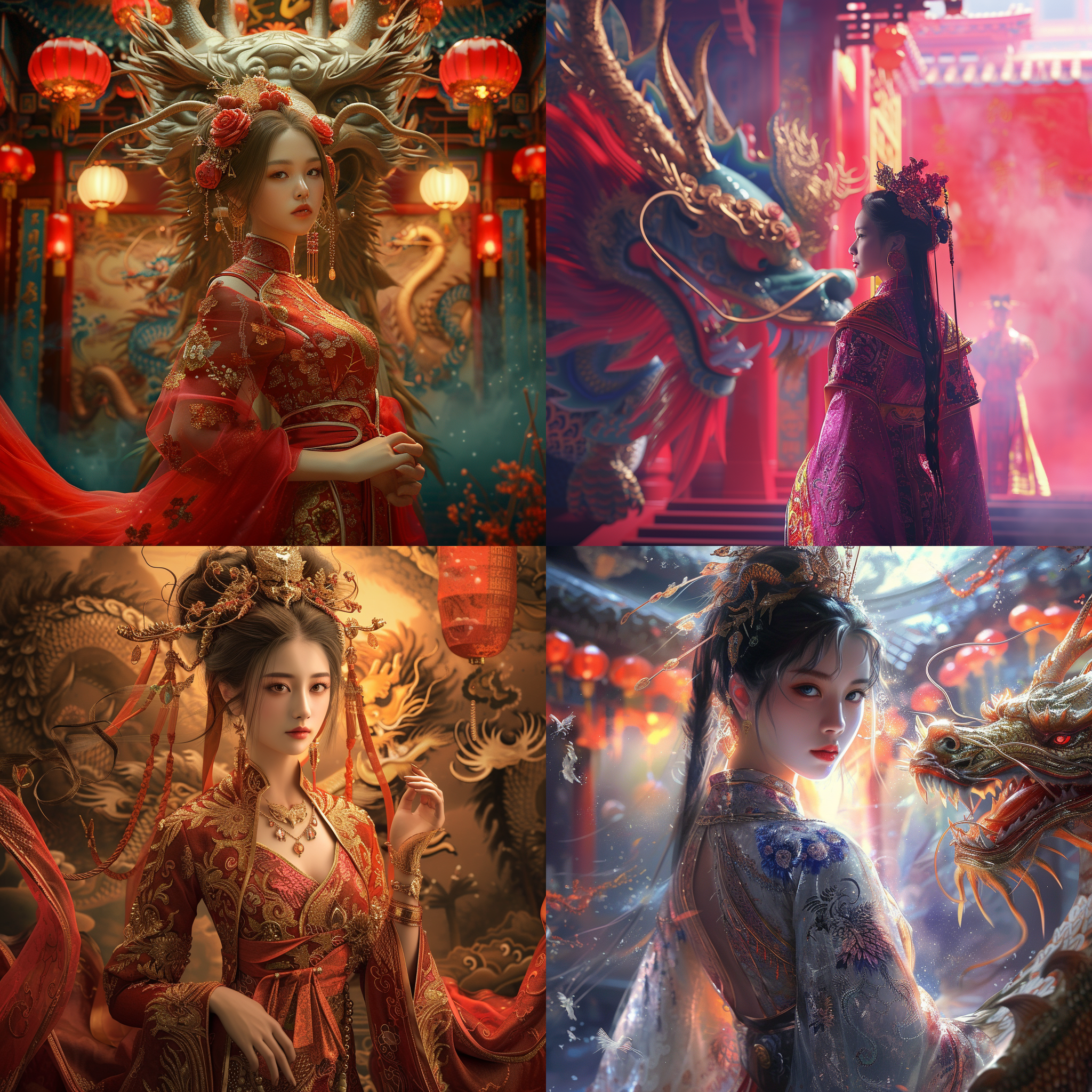 女孩华丽服装，背景壁画，电影光线，超高清效果，c4d渲染技术，色彩鲜明神秘感，端庄自信力量，全身，龙年主题，细节丰富。