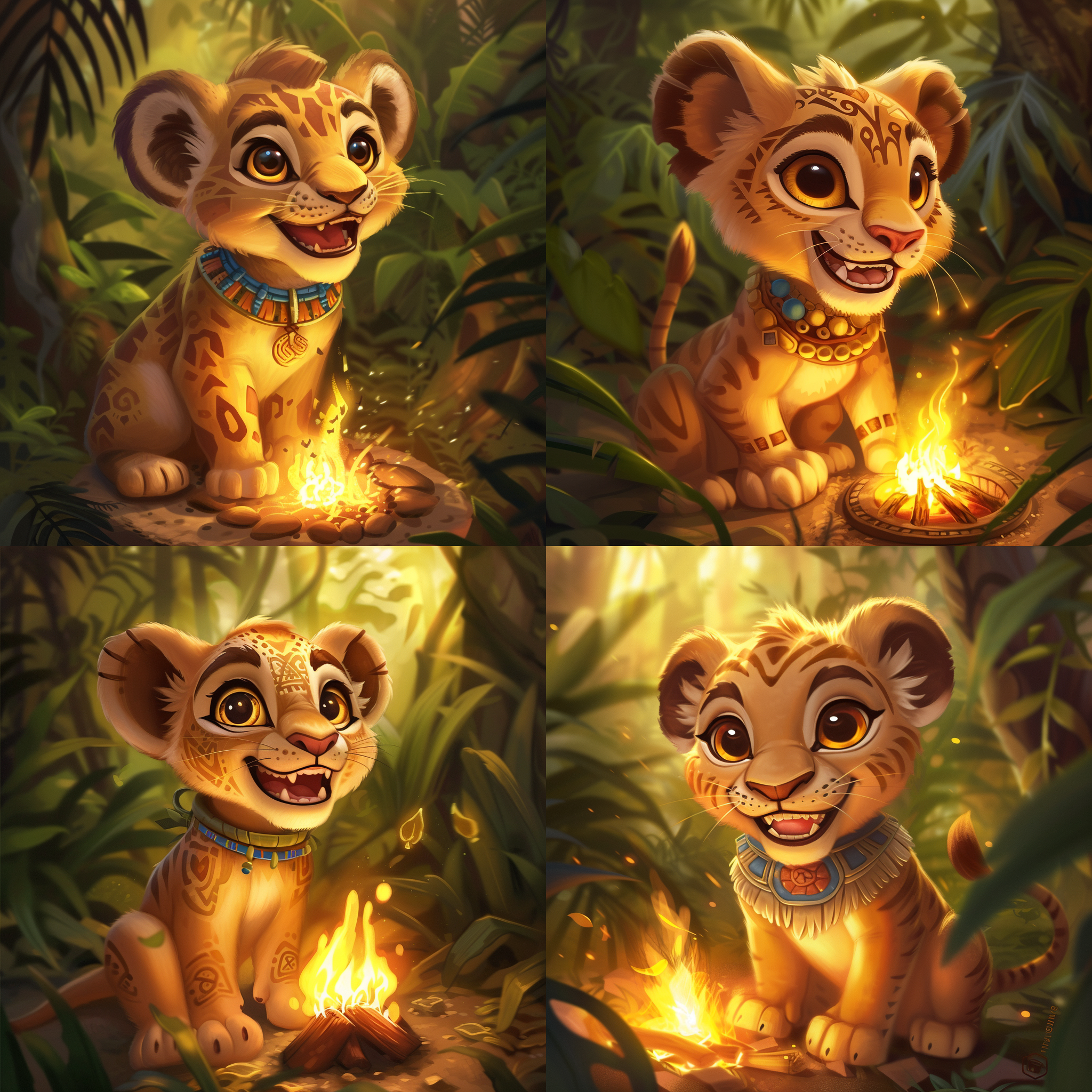 prompt. 小美洲狮咧嘴大笑, 玛雅风格, 丛林, 篝火, 特写, 近照, 卡通画, 暖色调, 欢乐, 可爱。