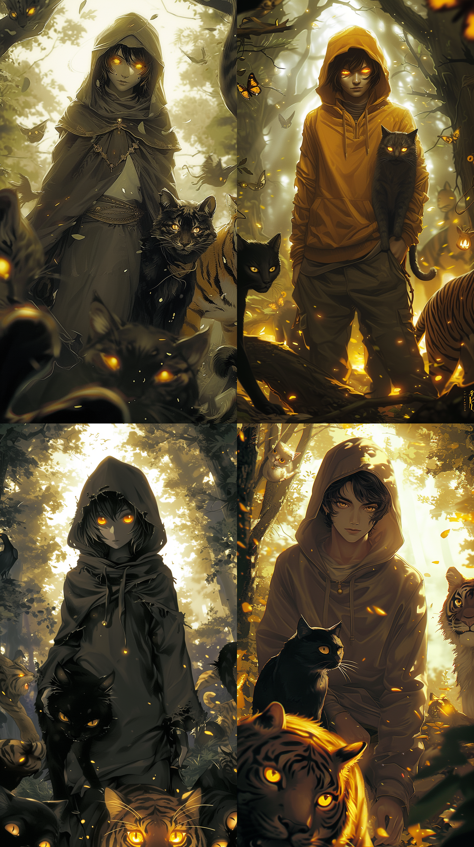 20多岁, 金色眼睛黑发, 面相成熟, 高个，大长腿，长裤, 全身, 卡通, 兜帽, 模糊背景, 多种动物环绕, 怀里金色眼瞳黑猫, 身边一只老虎，竖式构图, 森林场景,