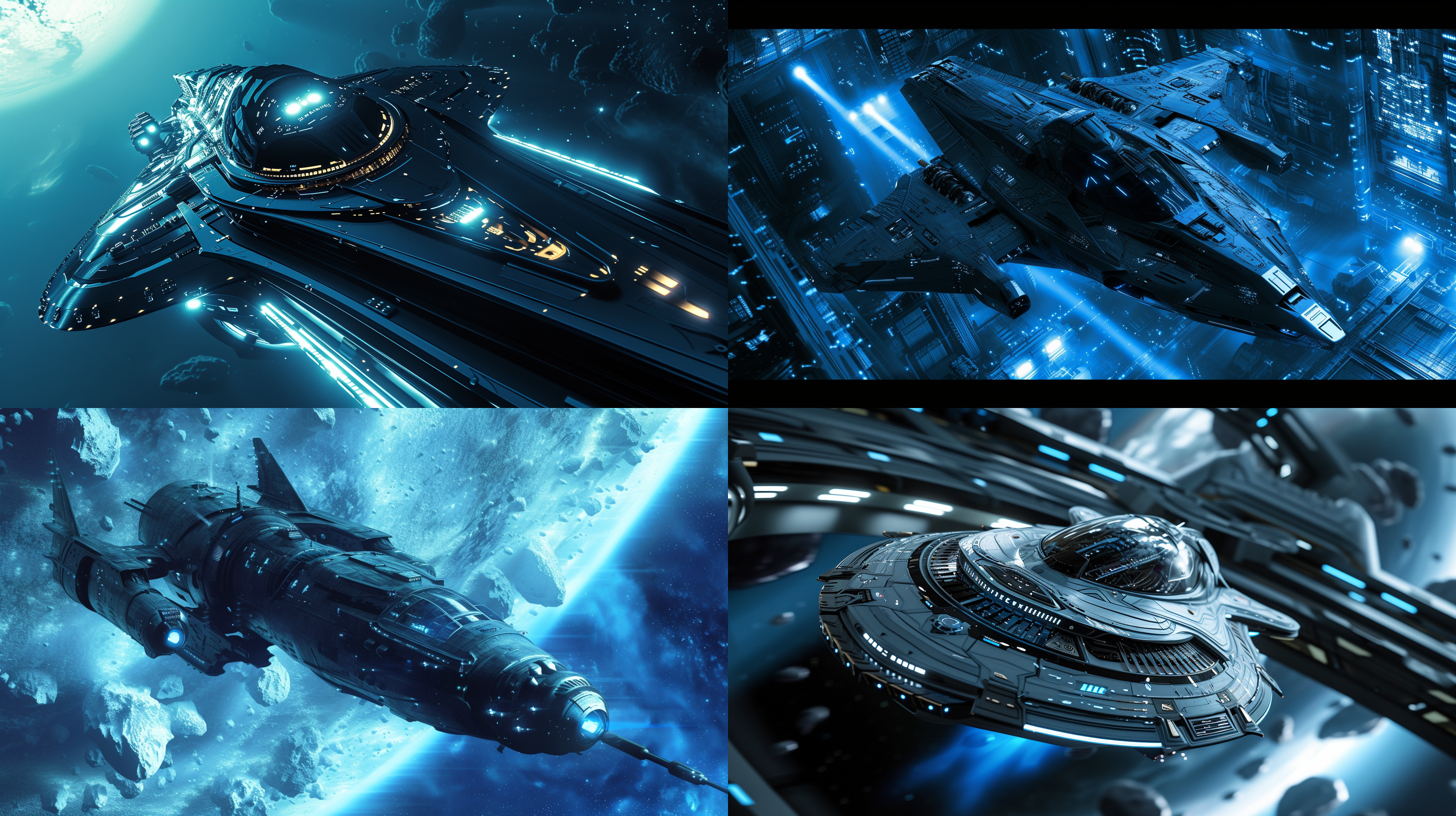 prompt. 星舰在太空母舰上，透视构图，蓝色调，特写镜头，未来科幻，光影效果，惊奇。