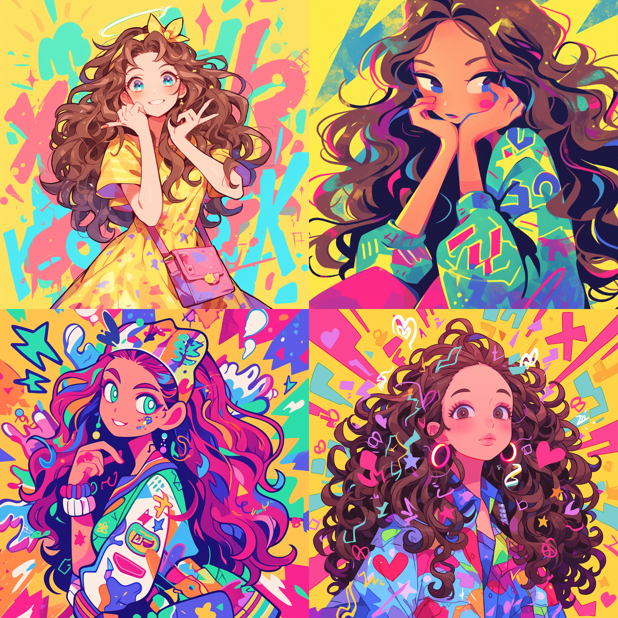 prompt. 帝姐风格女孩，长波浪发，耶稣光背景，快乐可爱涂鸦艺术。keith haring，棍子形状，年轻时尚，拟人化，涂鸦，尖锐插图，粗线条，色彩丰富服装。