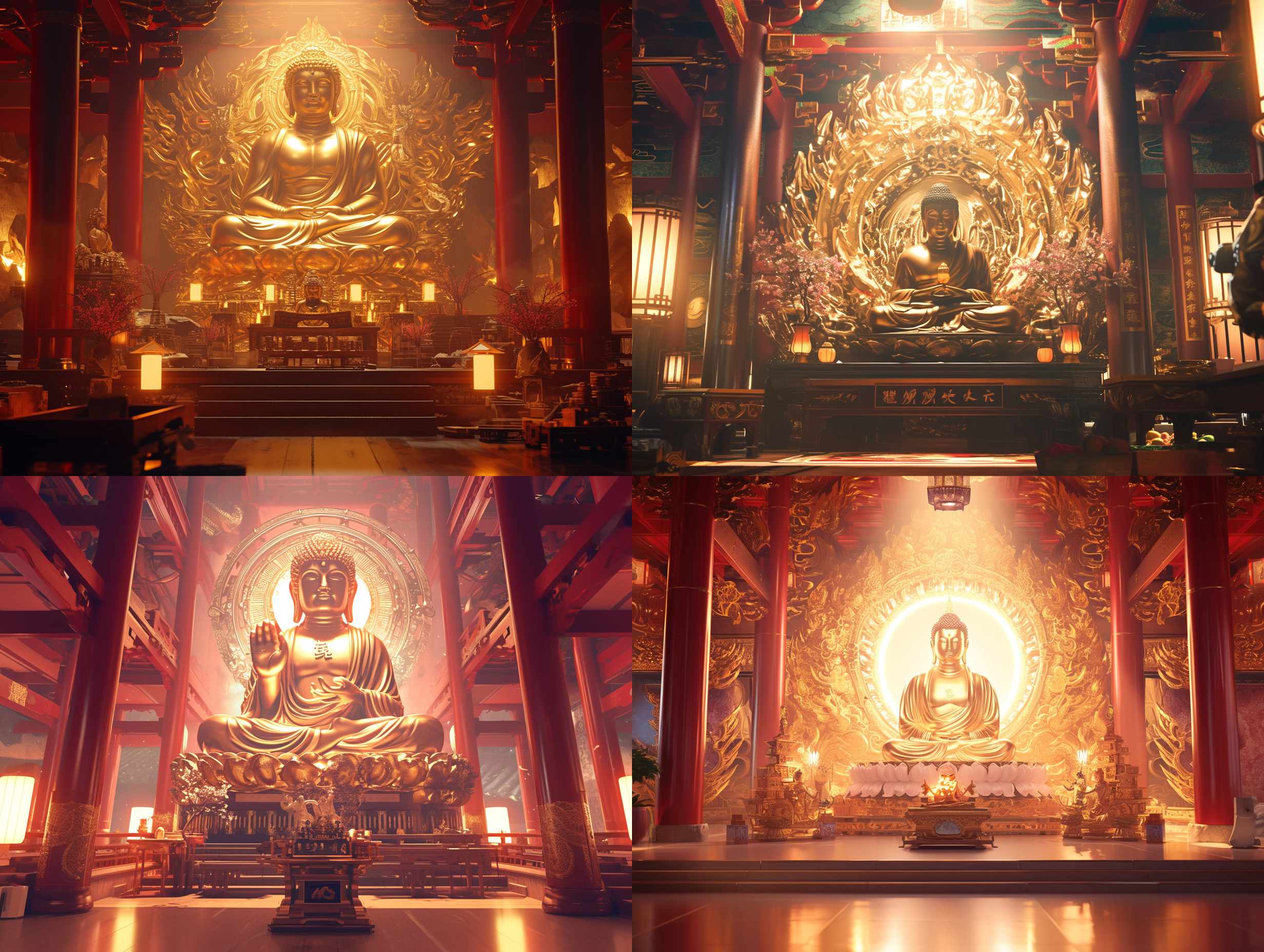 prompt. 中国新年，寺庙内佛像，神圣面容，佛光普照，新年元素，大师级工艺，莱卡镜头，uhd, 8k3d数字渲染，中景视角，正面全身拍摄，电影摄影。
