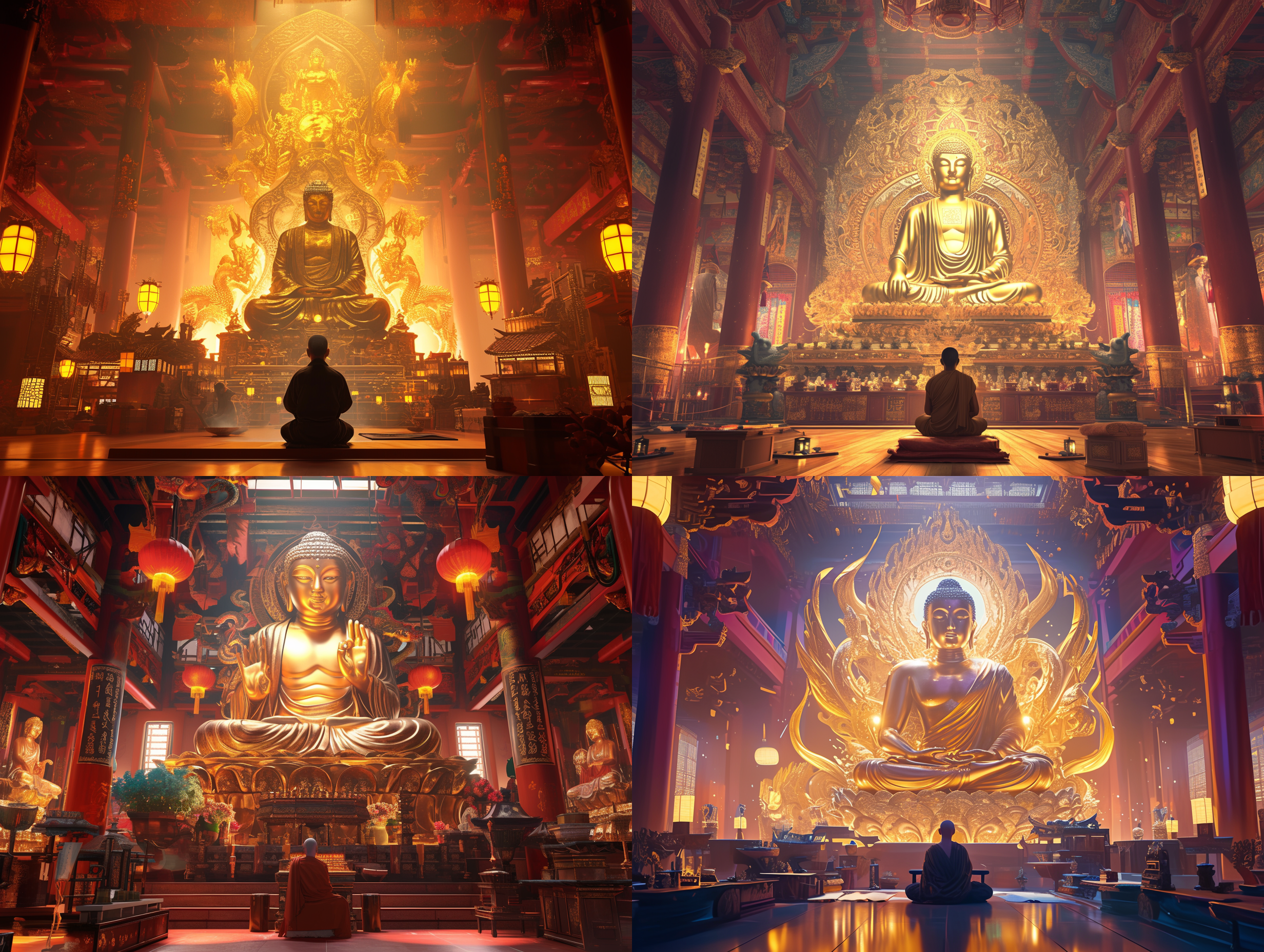 prompt. 中国新年，寺庙内佛像，神圣面容，佛光普照，佛像前一和尚端坐念经，祈福，新年元素，大师级工艺，莱卡镜头，uhd, 8k3d数字渲染，全景视角，正面全身拍摄，电影摄影。