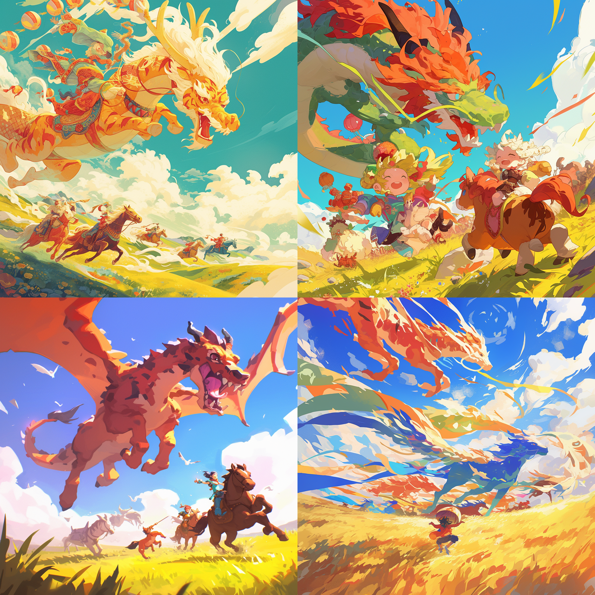 prompt. 龙飞在左侧，虎跃在中间，马奔腾在右边，天山草原，卡通公仔风格，生动色彩，逆光拍摄，广角镜头，动感十足，喜悦，活力。