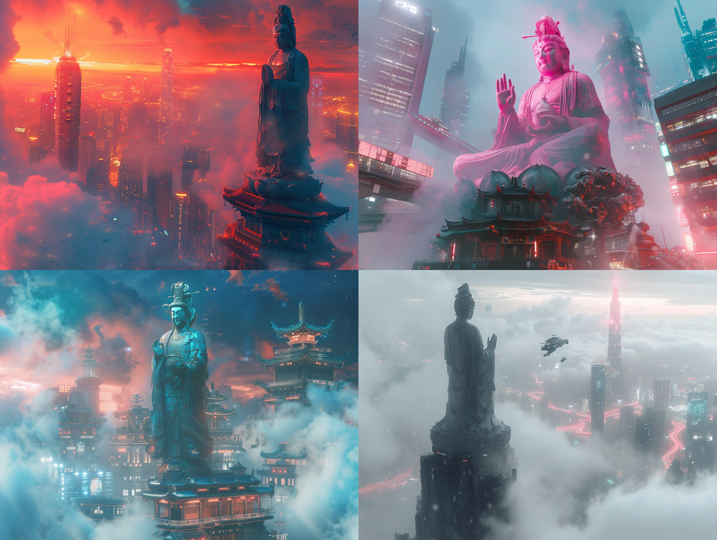 prompt. 九龙观音，未来科技感，超现实主义，赛博朋克风格，梦幻云雾细节，超清晰外观设计，8k,3d数字渲染，玄幻引擎，莱卡镜头，中景镜头！正面视角