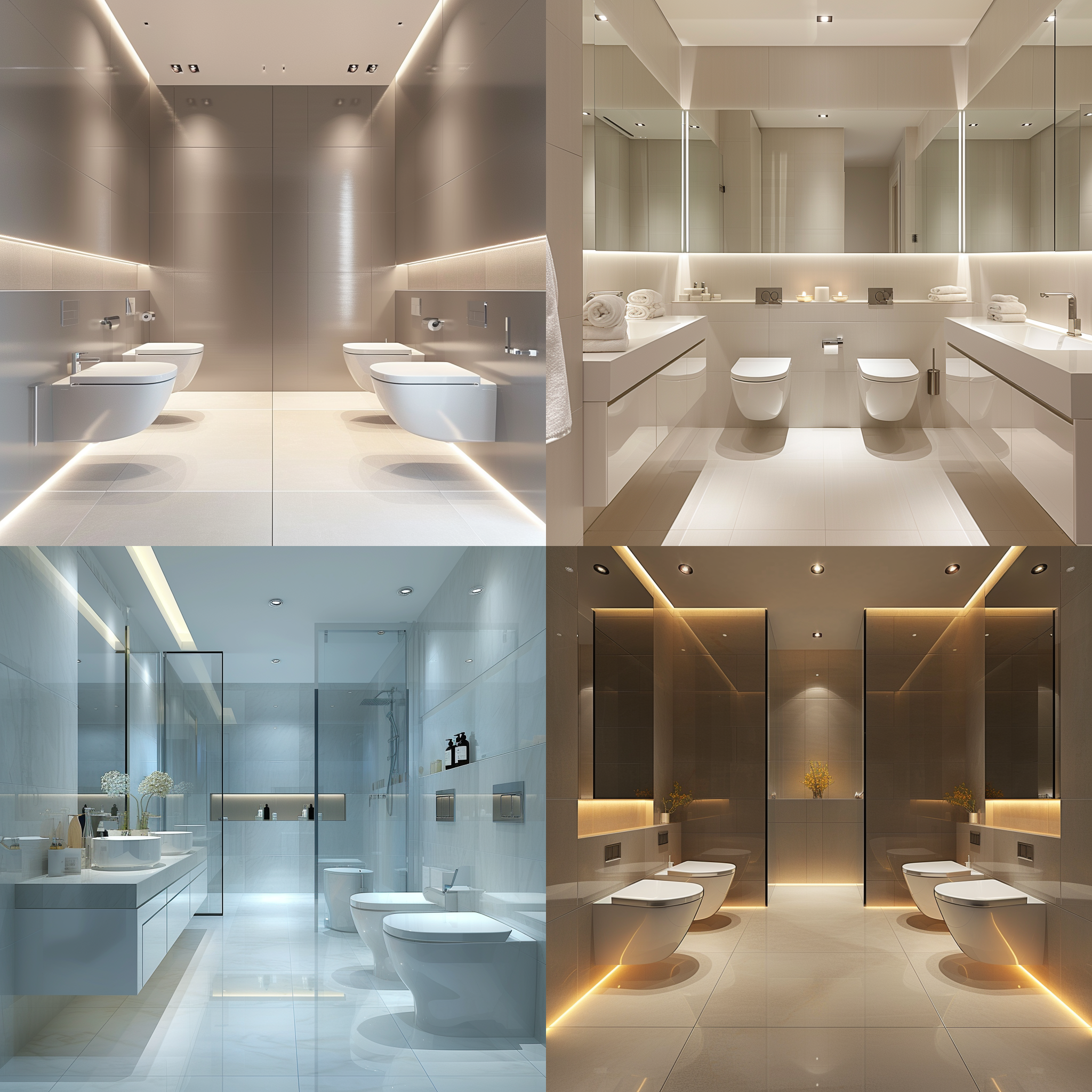 prompt. 现代卫生间，并排马桶，对称构图，明亮照明，清晰细节，宽广角度，冷色调，整洁，现代感。