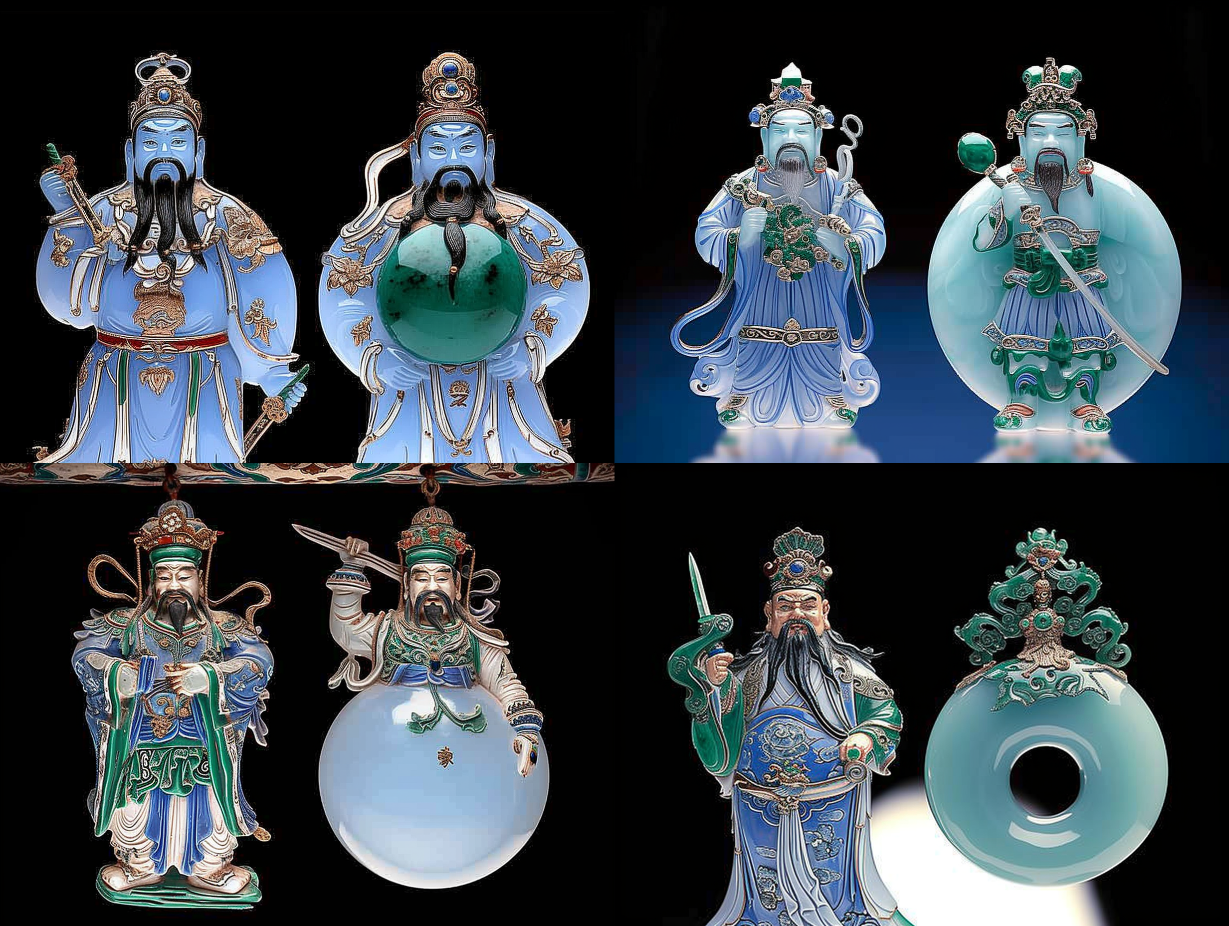 中国农历门神，翡翠玉石雕刻而成。画面中，两个门神身穿传统汉服，表情严肃，手持宝剑，站立在古老的门楣上。背景是一座古代宫殿，充满了神秘和庄严感。构图对称，配色以青绿色为主，展现了中国传统文化的魅力。照片采用广角镜头，柔和的侧光照亮了门神的轮廓。神圣、庄重、神秘、华丽、中国文化。