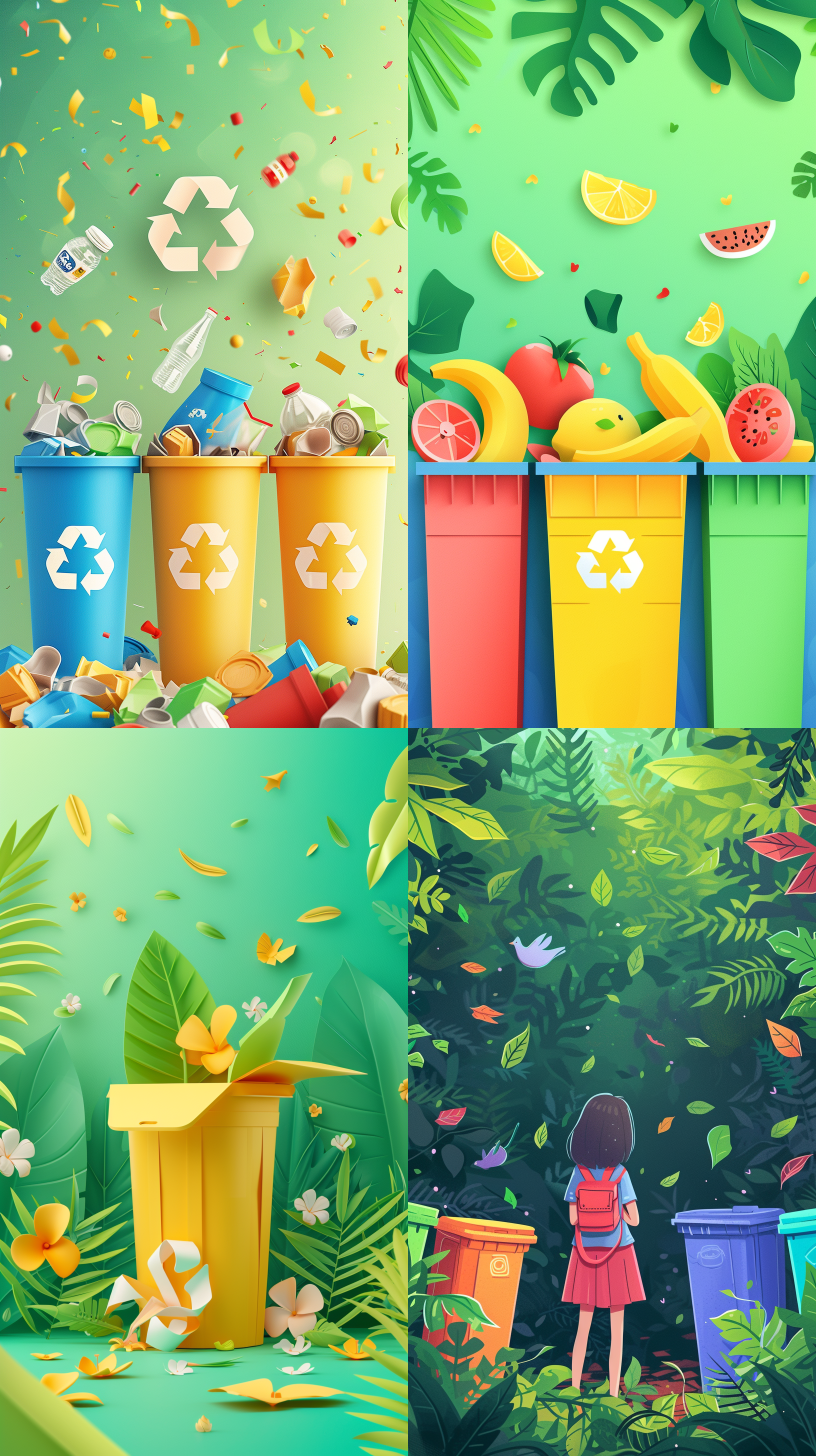 prompt. 垃圾分类海报，明亮色彩，简约风格，平面构图，环保主题，卡通形象，生动表情，纸张质感，绿色环保元素，愉悦情绪。