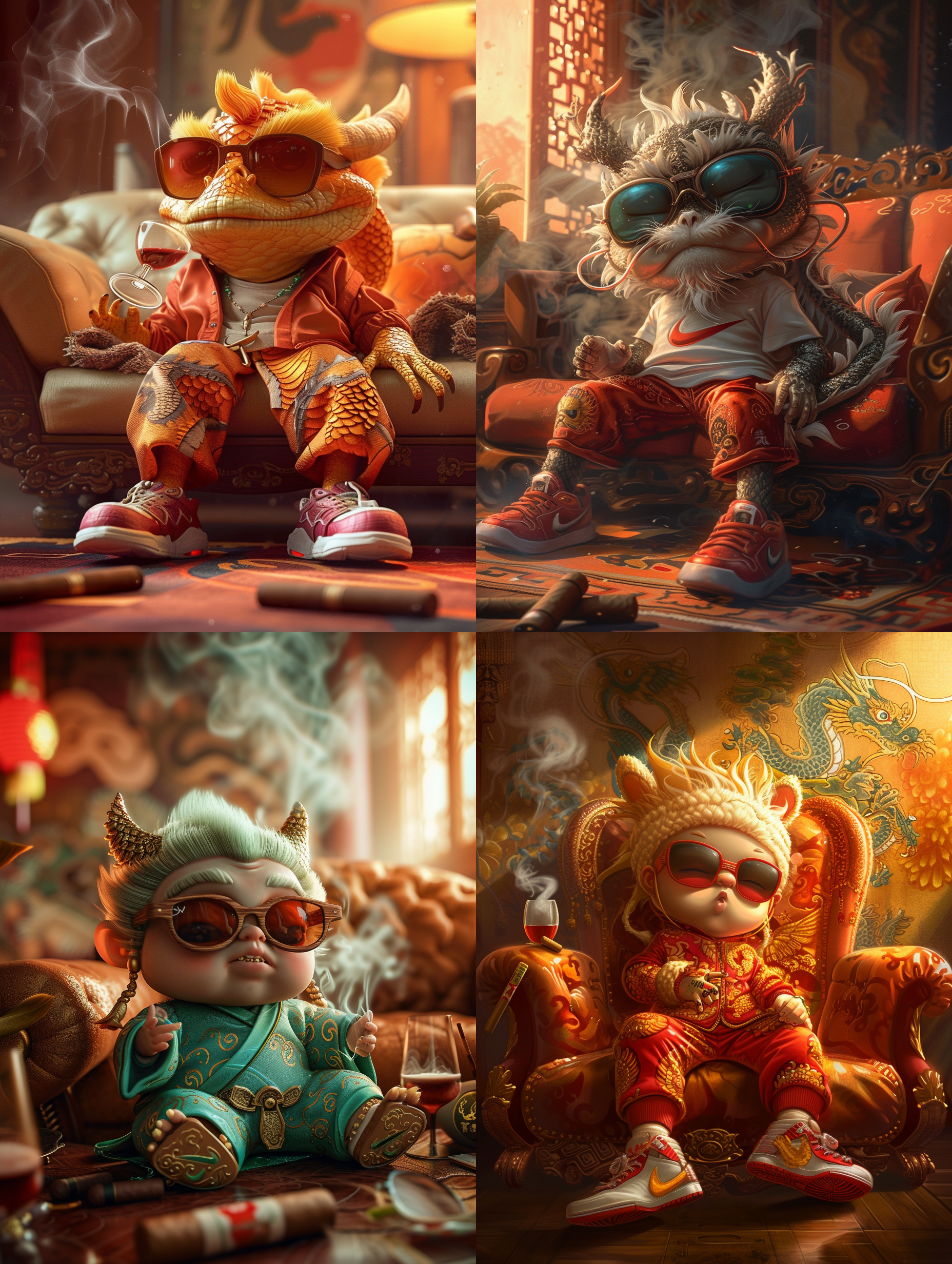 prompt. 中国龙宝宝，皮克斯风格，人性化，时尚服装，耐克aj鞋，墨镜，酷炫表情，大沙发，雪茄，红酒杯，色彩丰富，暖色调，抽象背景，柔和光线，温馨，幽默。