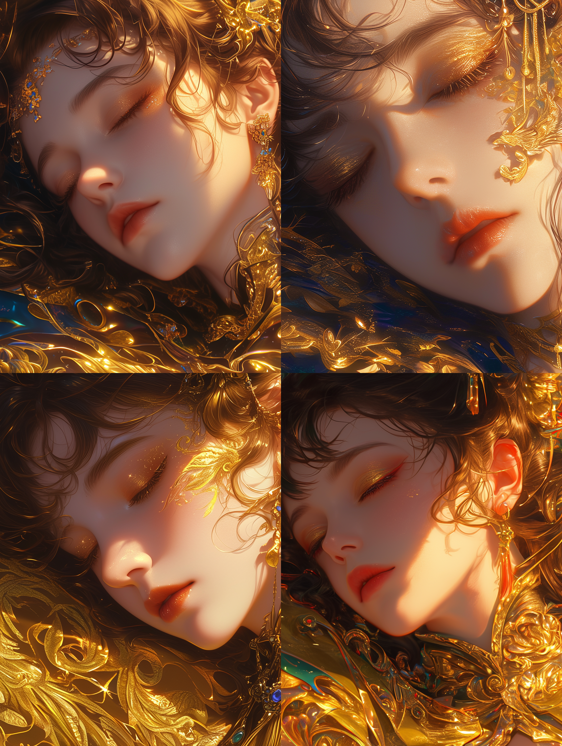 prompt. 古典风格，女子熟睡，面容类似狄力拉巴，波浪发型，眼影上绘有中国龙或凤凰，釉面金色，珠宝点缀，特写，俯视角度，自动对焦镜头，复杂细节，极为逼真，超高分辨率，高清画质，8k，莱卡镜头，视频拍摄，清晰外观设计，最佳杰作，超高亮度。