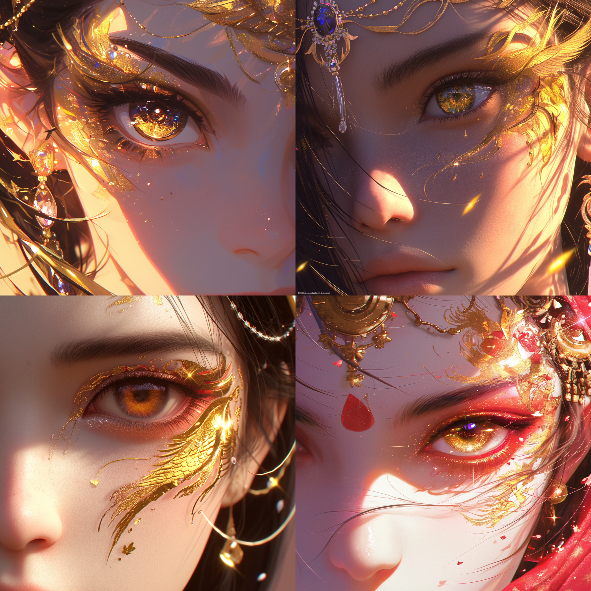 尼泊尔动漫女生，左脸正视图，左脸极致特写，金色闪闪发亮的大眼睛，眼妆绘有凤凰图案，釉面金色，珠宝点缀，正面视角，自动对焦镜头，复杂细节，极为逼真，超高分辨率，高清画质，8k，莱卡镜头，视频拍摄，清晰外观设计，最佳杰作，超高亮度。