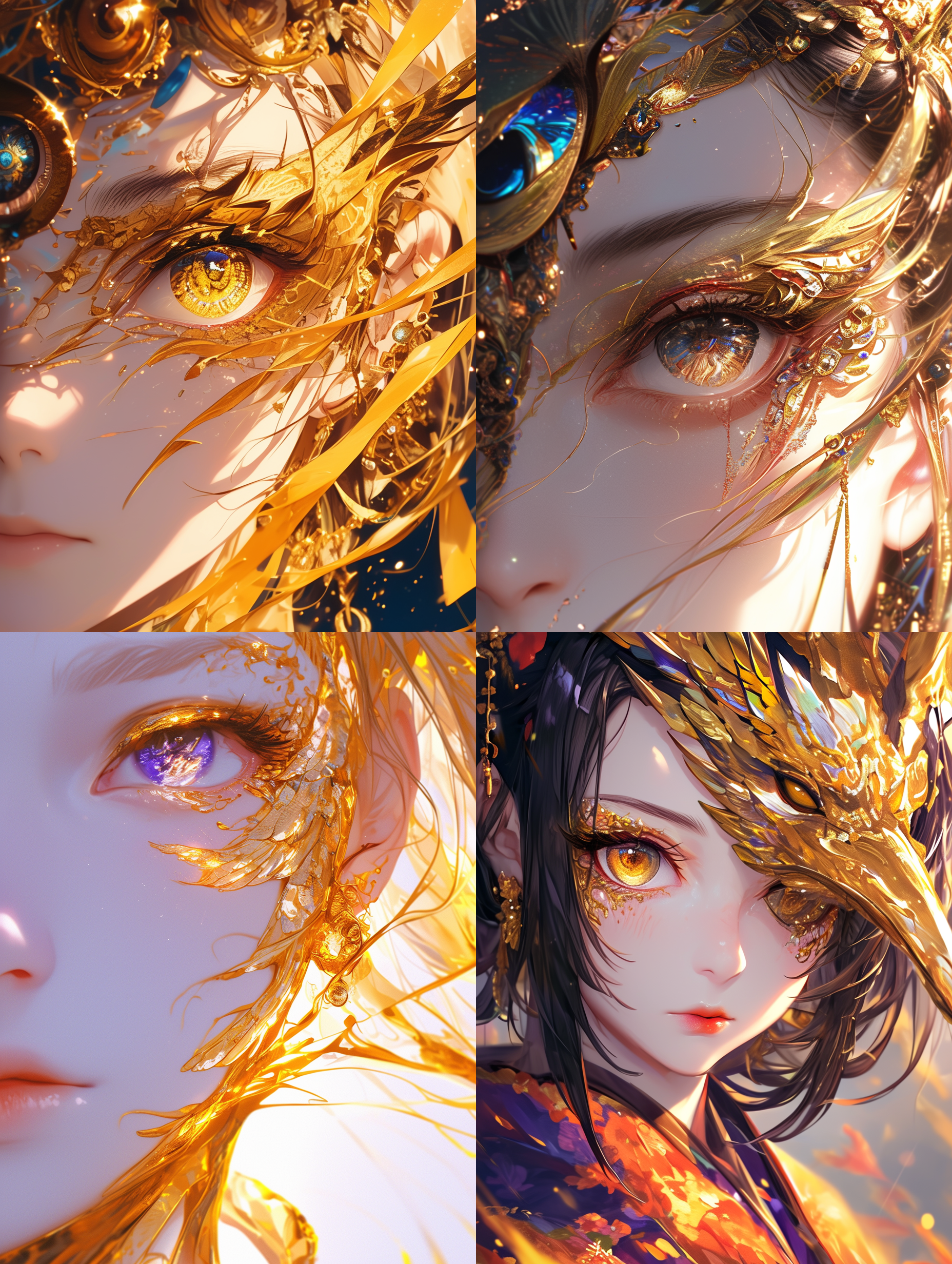 动漫女生，极致特写，金色眼妆凤凰图案，釉面金色，珠宝点缀，自动对焦镜头，复杂细节，超高分辨率，高清画质，8k，莱卡镜头，视频拍摄，清晰外观设计，最佳杰作，超高亮度。