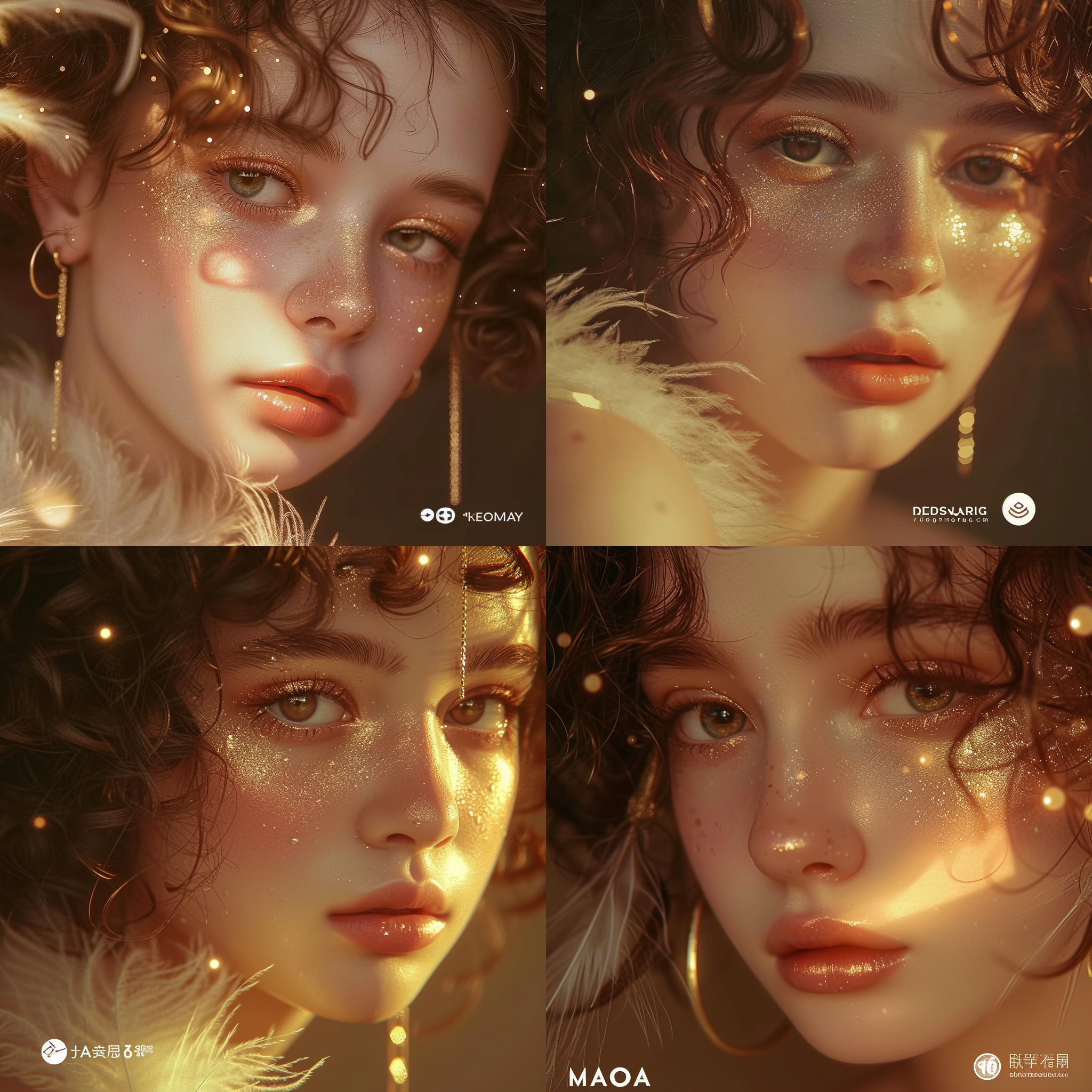 prompt. 复古女郎，正面特写，金色滤镜，粉金色调，古铜肌肤，金色高光，卷曲刘海，微张眼睛，羽毛包裹，时尚摄影，暖色调，情绪丰富。