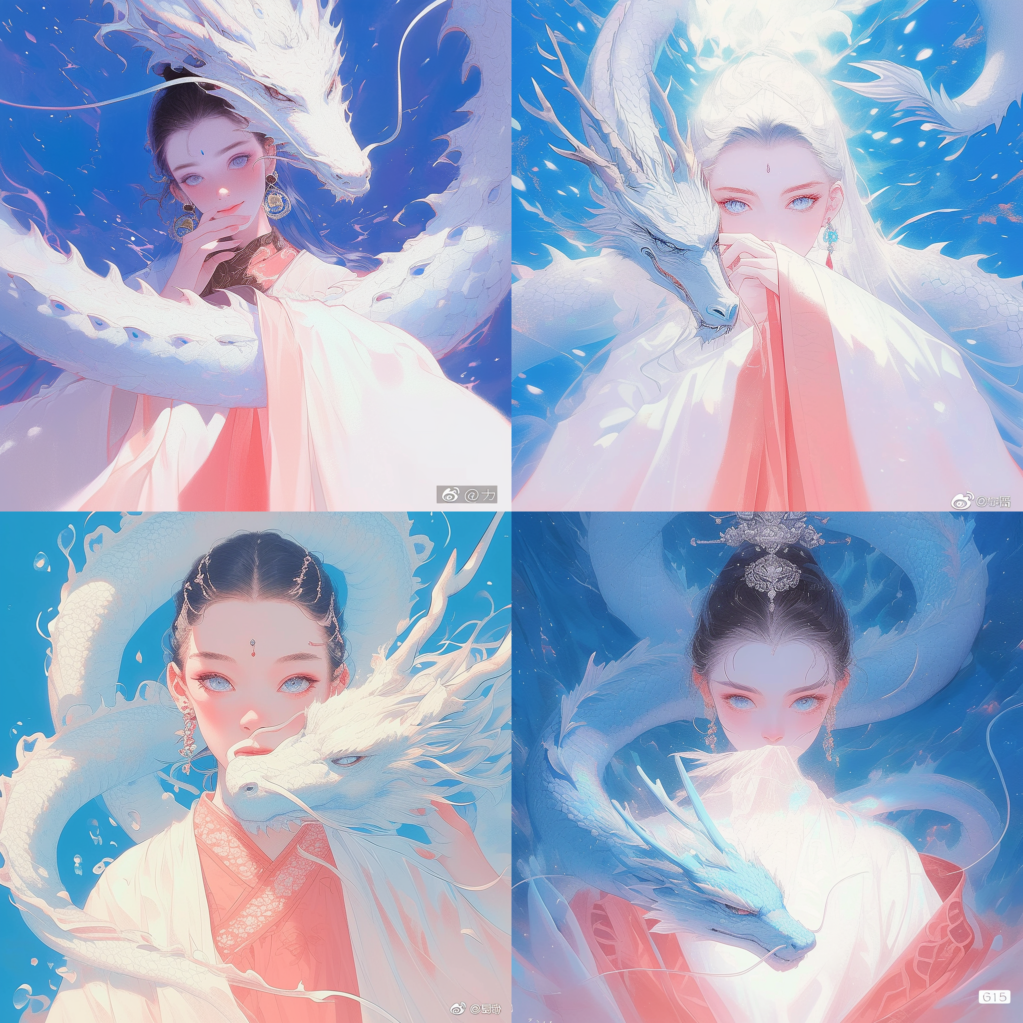 神龙环绕圣女，宫崎骏风格，蓝白色调，广角镜头，对角线构图，光源来自上方，圣女身穿白色长袍，微笑着仰望天空，表情平静而祥和，神龙盘旋在她周围，展示力量与和谐的融合。