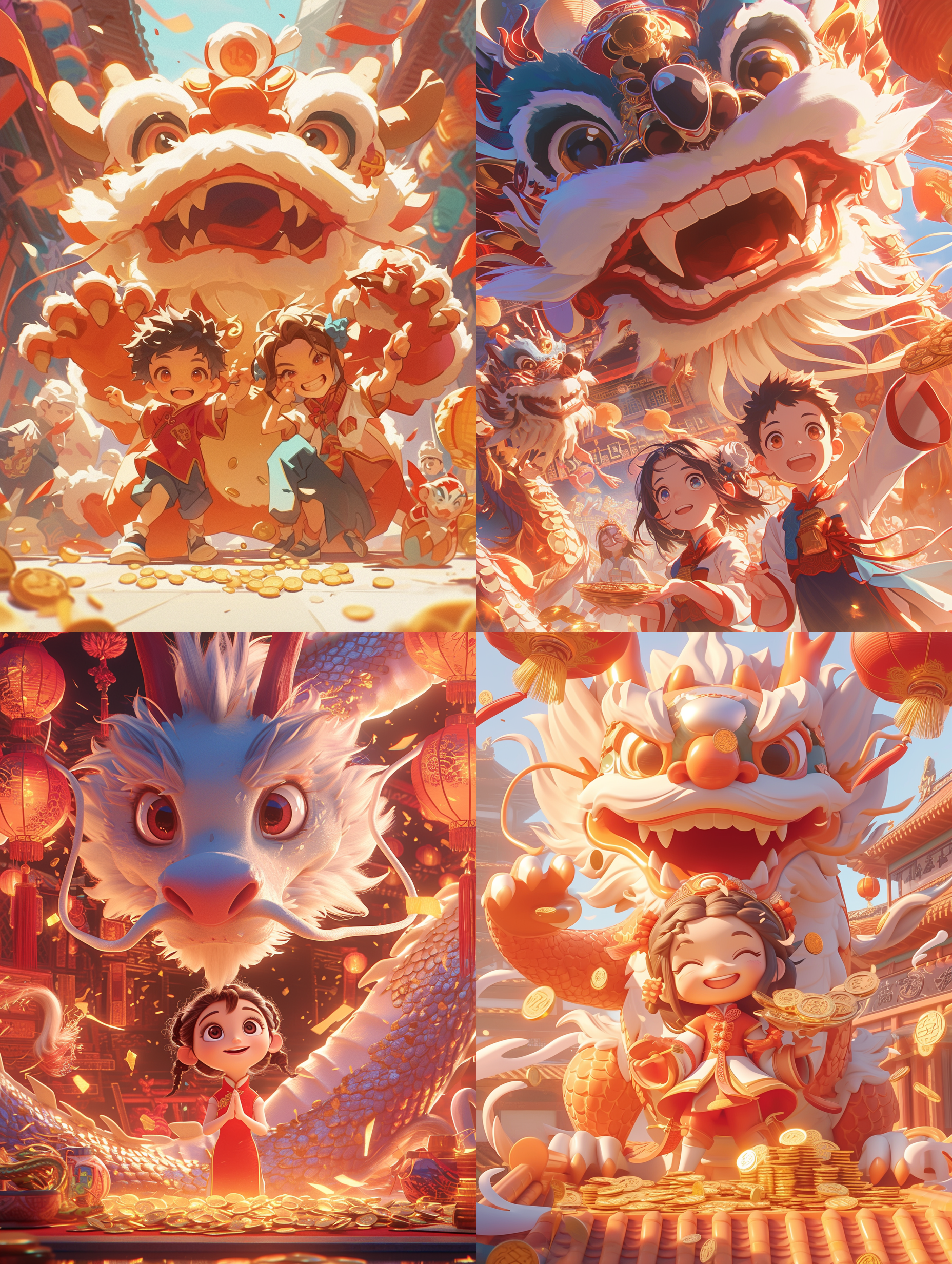pixar animation style,chinese new year, a lively and cute boy and a cute and gentle girl stand in the middle, wearing traditional chinese clothes, a chinese dragon with a bright smile, some gold coins on the ground, red,white and yellow color scheme, strong light effect, super detailed, 3d rendering, hd, 8k