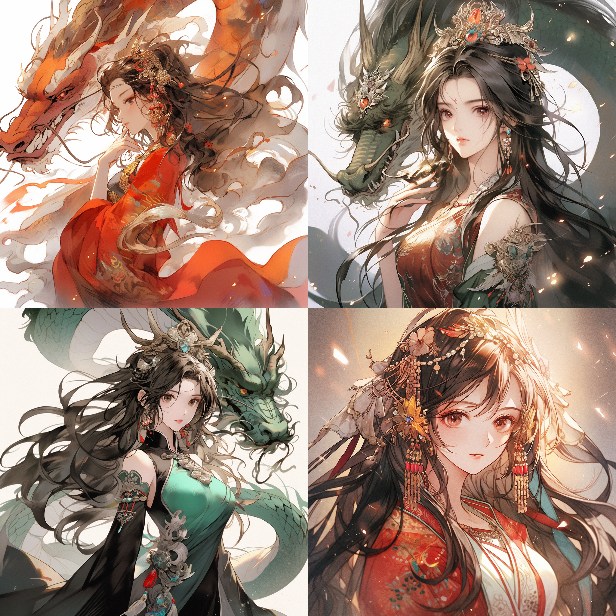 anime middle - aged woman front, jewelry, long hair, dress, chinese gragon, hong kong style beauty, colorful picture
