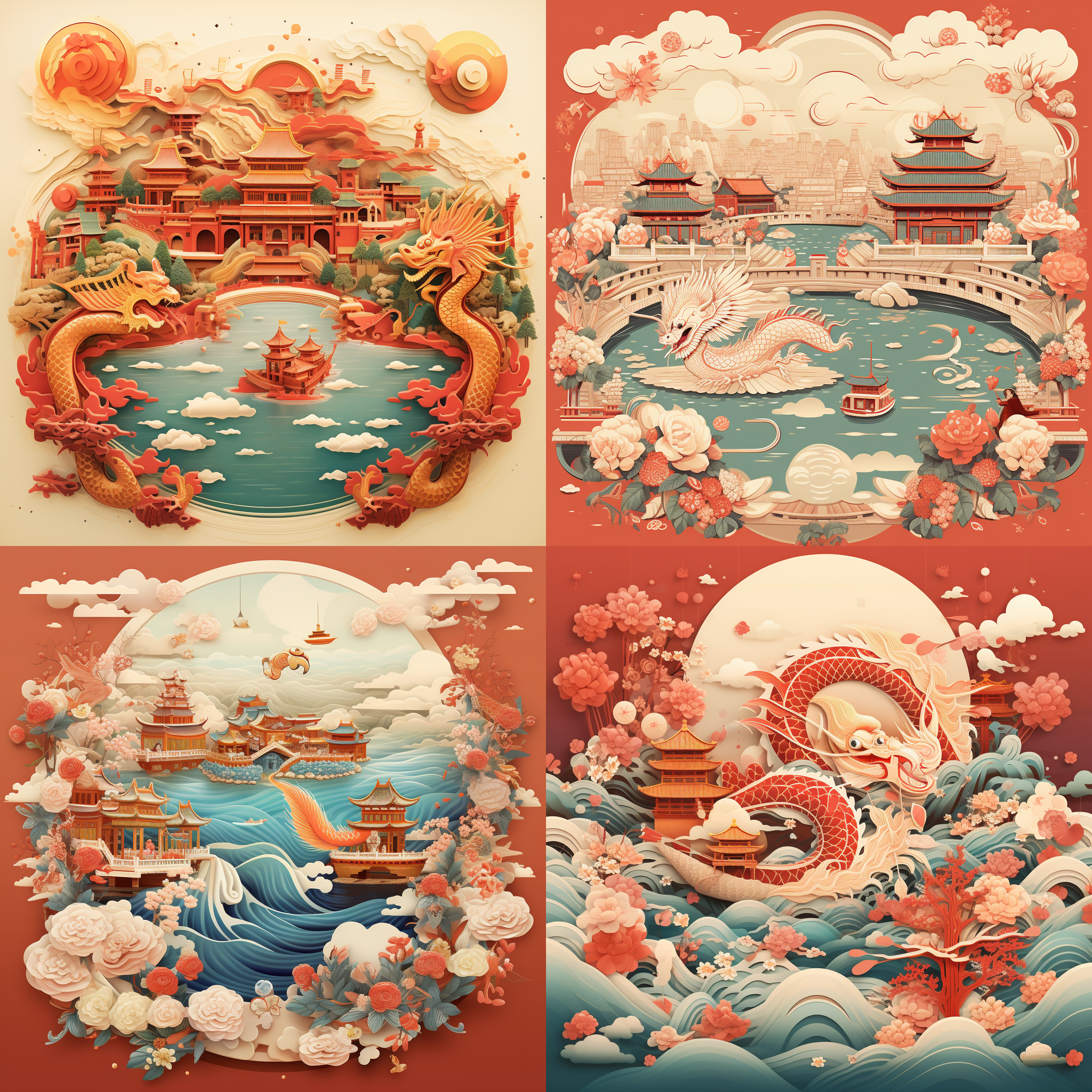 祝福卡上绘制着一幅精美的春节龙年图案，背景是上海的水乡风光。画面中展现了中国元素，如红色、金色和龙的形象，传达出浓厚的祝福氛围。照片采用鸟瞰视角，焦距适中，明亮而温暖的色彩，带给人们喜庆的感觉。 prompt: 鸟瞰视角，焦距适中，明亮色彩，喜庆，祝福，上海，水乡，龙年，中国元素