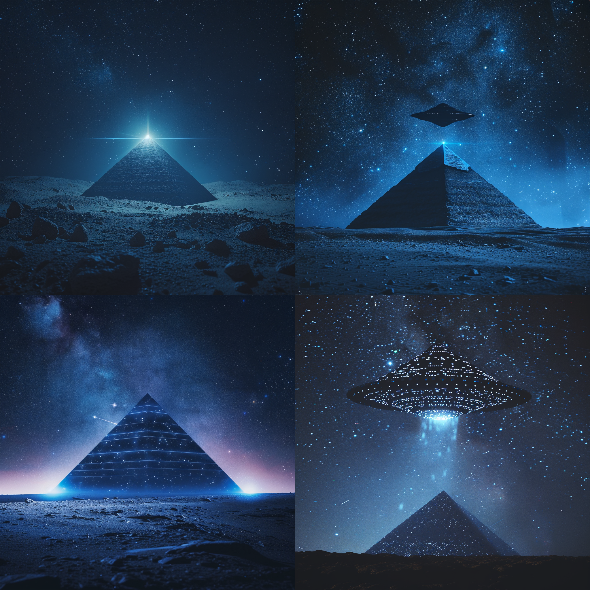 prompt. 金字塔星空，ufo飞行，夜晚，星空背景，长焦镜头，光轨，神秘，科幻，蓝色调，震撼。