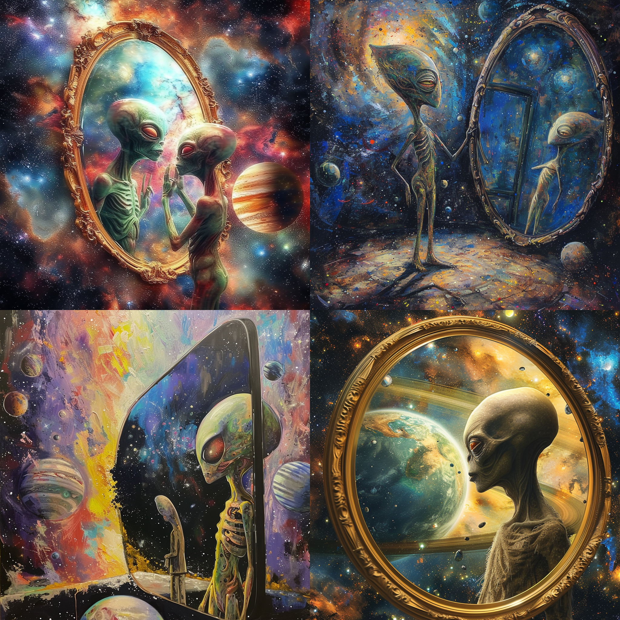 宇宙漩涡中的巨大镜子映出我与巨大外星人的对比，宇宙背景中星球林立。外星人身材高大，穿着华丽，表情友好，我则在镜子前显得渺小。镜子的反射效果增强了画面的奇幻感。星空背景明亮多彩，呈现出神秘的宇宙氛围。漩涡、镜子、巨大外星人、星球、渺小、奇幻、宇宙、明亮、多彩。