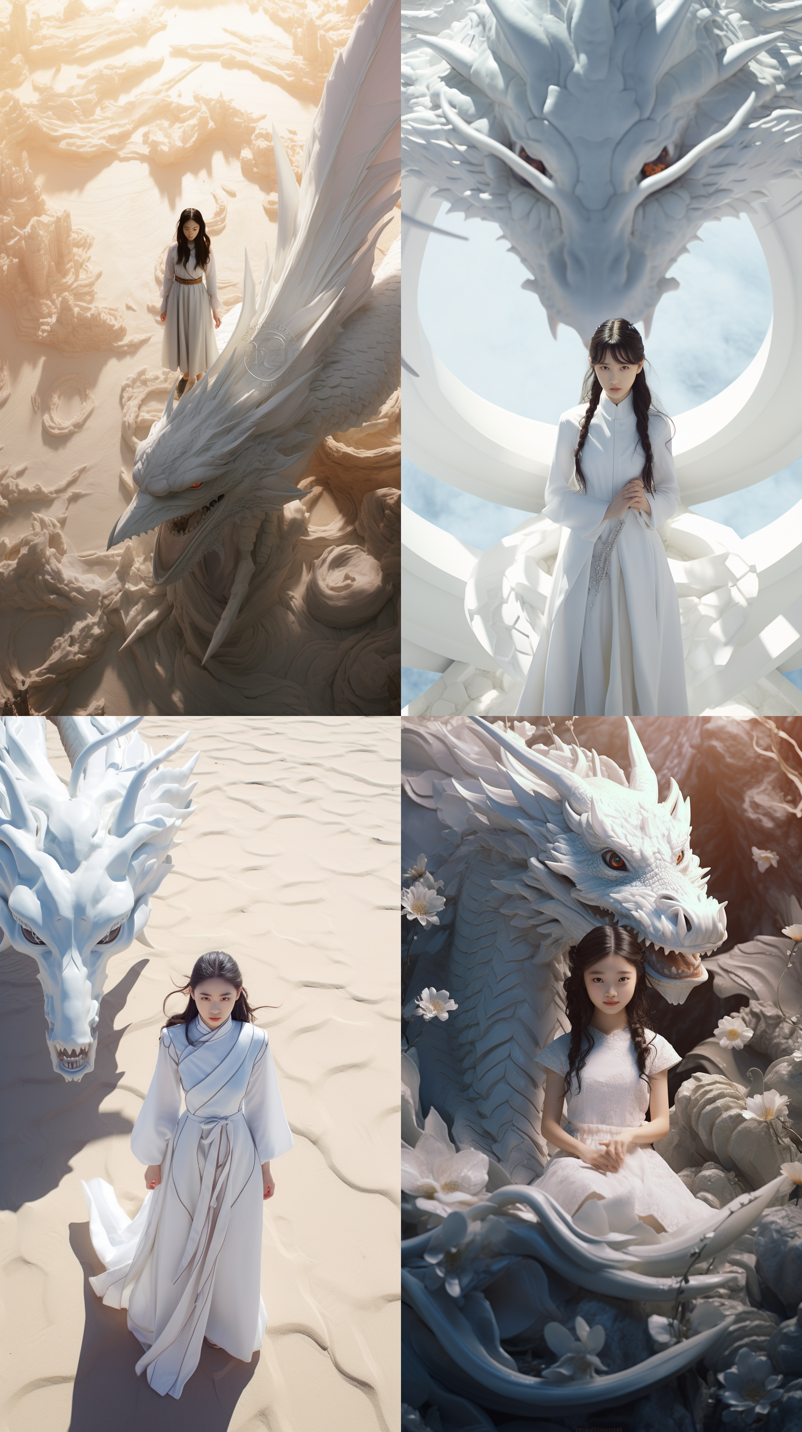 drone view,in front of the relievo dragon stands a chinese beautiful girl,12 years old,white,wearing a gorgeous hanfu,white,chinese relievo dragon,dream scene, grand scene,minimalism,chinese dragon,c4d rendering,surrealism,meticulous design, asymmetrical balance,master works, movie lighting, ultra hd, fine details, color grading,32k