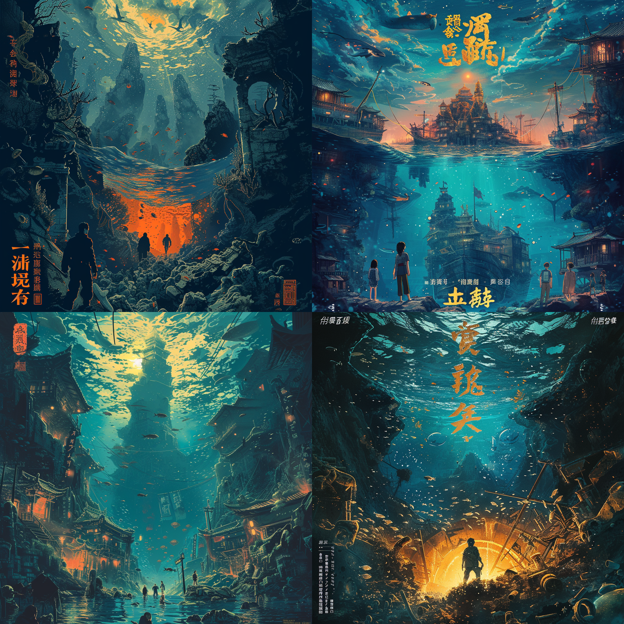 海洋底部的中国电影海报，人们在海中，以动漫艺术风格呈现，带有粗糙边缘的2d动画，夜晚色彩鲜艳的动画静帧，宏伟的废墟，东方启发，金缮修复，3:4纵横比，v6.0版本。
