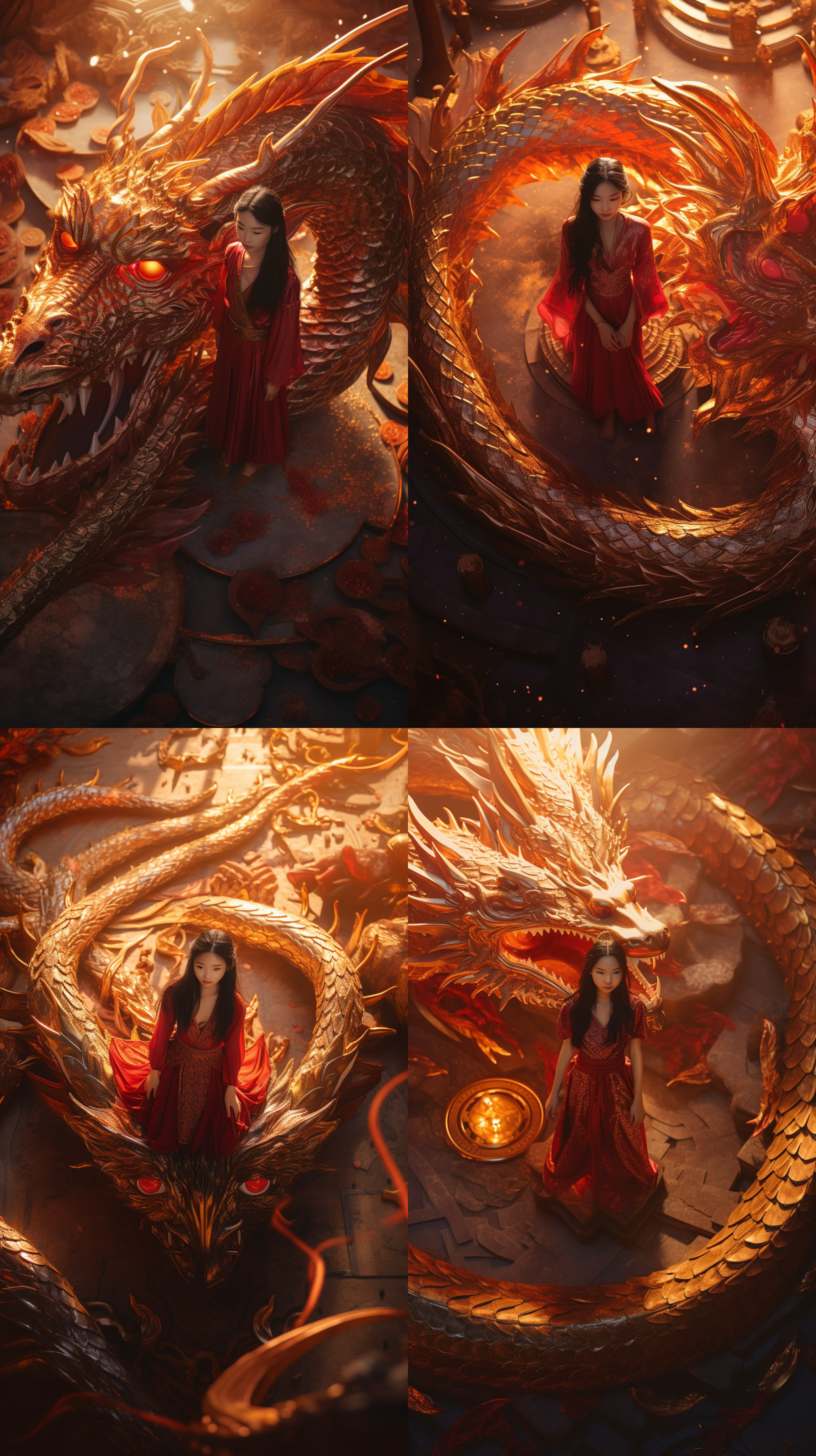 drone view,in front of the relievo dragon stands a chinese beautiful girl,12 years old,red,wearing a gorgeous hanfu,gold,chinese relievo dragon,dream scene, grand scene,minimalism,chinese dragon,c4d rendering,surrealism,meticulous design, asymmetrical balance,master works, movie lighting, ultra hd, fine details, color grading,32k 