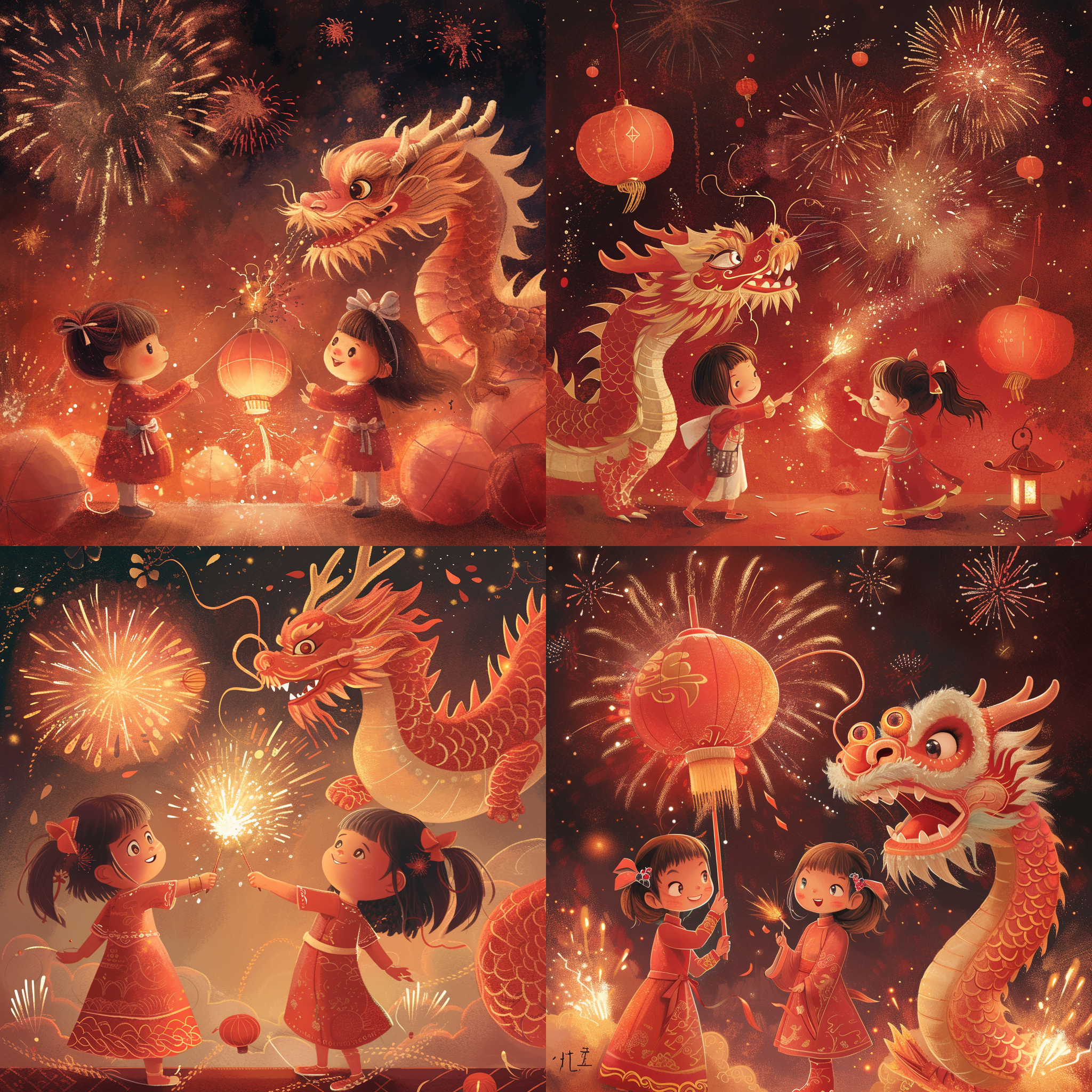 prompt. 龙年迎新年插画，两个提灯笼放鞭炮烟花的小女孩，红色调，传统风格，龙舞腾飞，烟花绽放，喜庆氛围，明亮色彩，细节丰富，动态感，金光闪耀，喜悦。