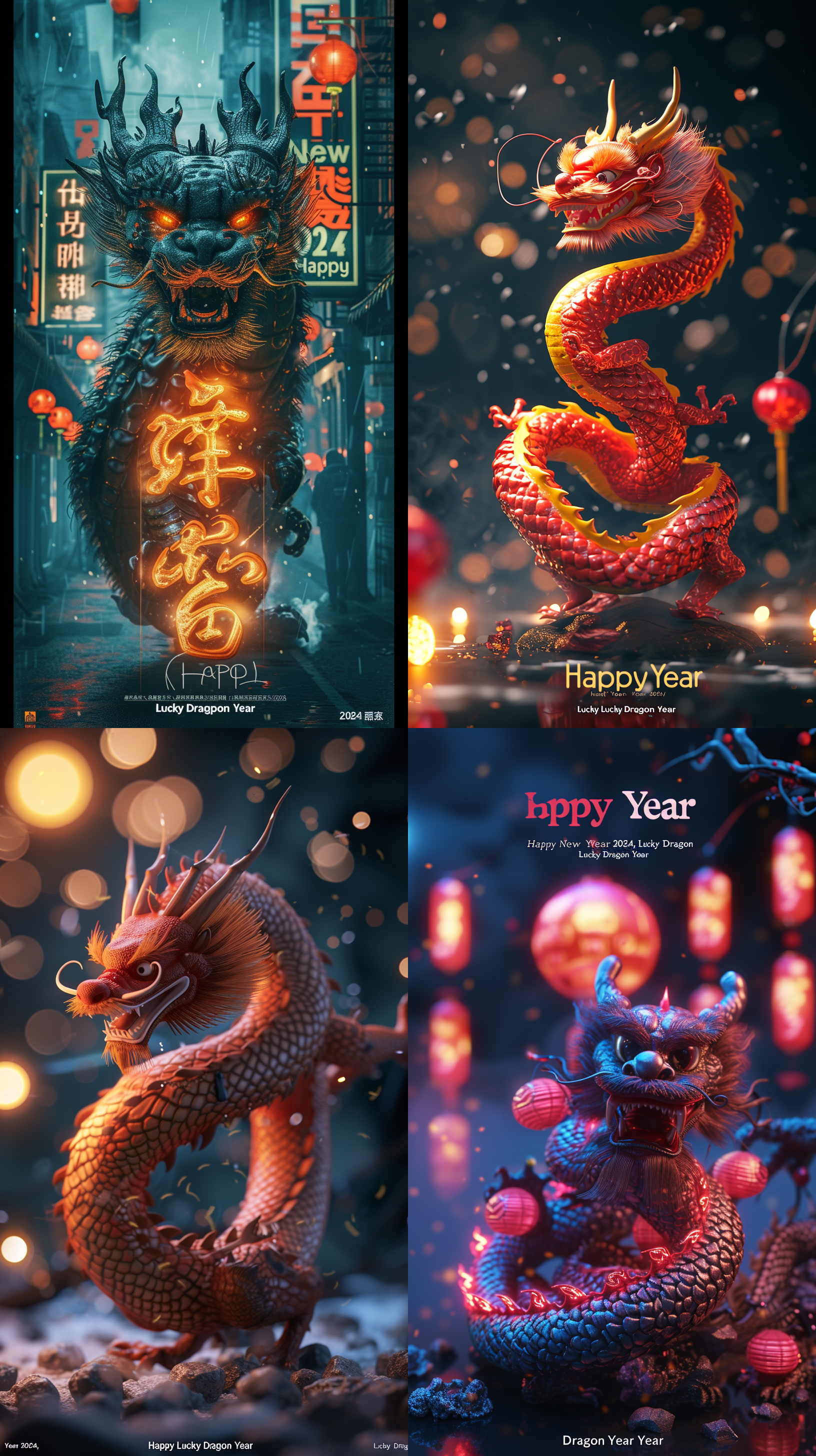 排版字体：并以短句写着：“2024新年快乐，龙年大吉”中国龙环绕，超逼真，超玄幻，玄幻引擎，3d,数字渲染，莱卡镜头，全景摄影，视频拍摄，uhd,