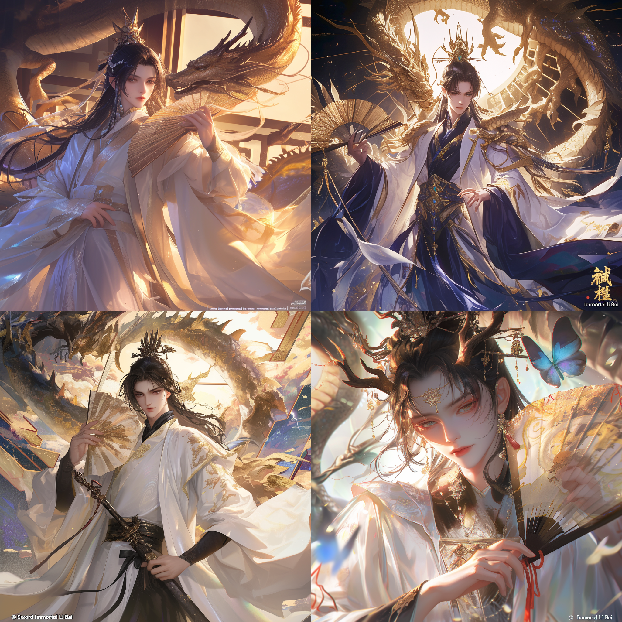 prompt. 二次元风格, cosplay, "剑仙李白"肖战脸, 健美身材, 精致的面容, 手持折扇, 中国龙环绕, 中心构图, 全身特写, 3d, 数字渲染, 梦幻引擎, 莱卡镜头, 最佳画质, 视频拍摄, 细节狂魔, 超清晰外观设计, 8k.