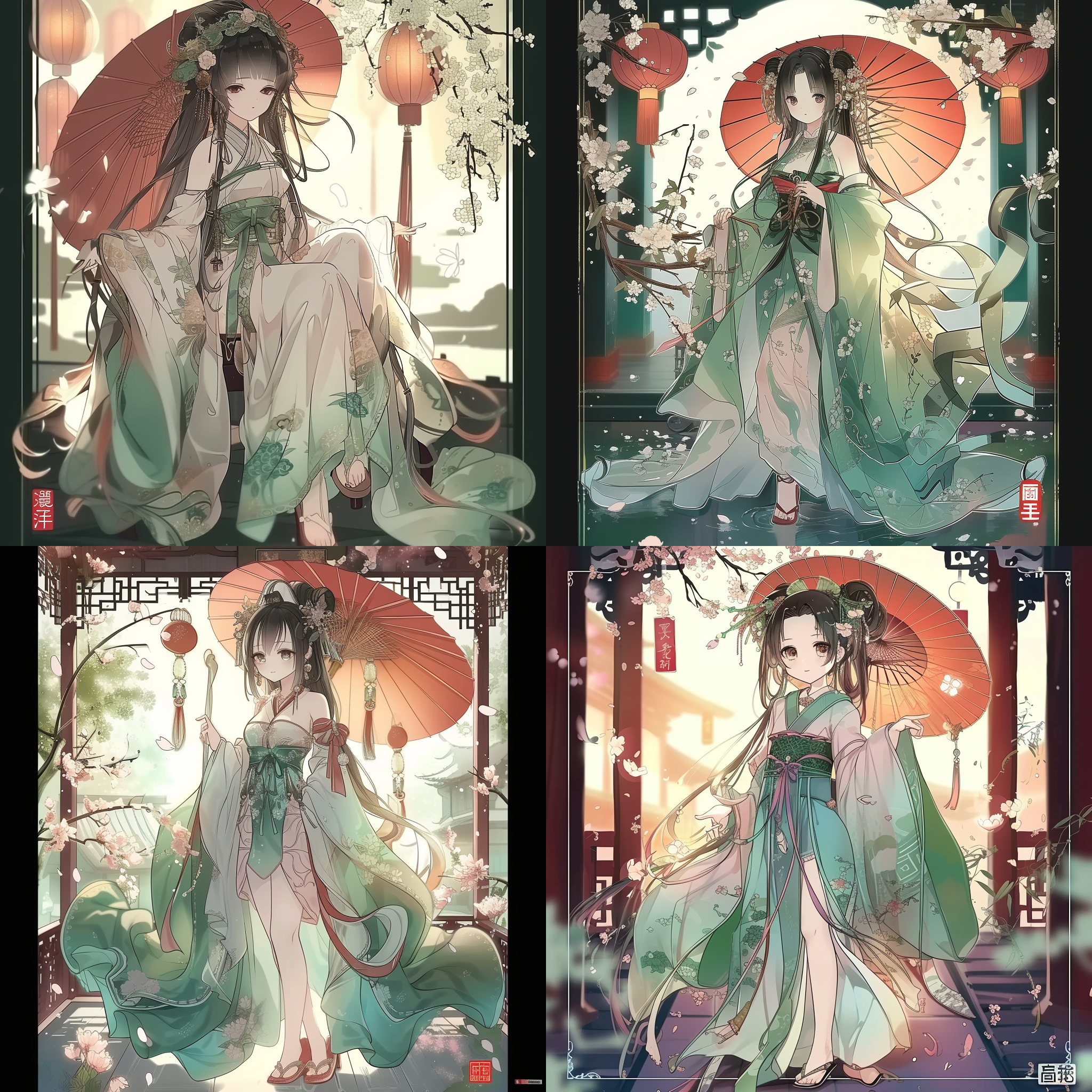 prompt. 二次元国风美少女穿着日本木屐和中国汉服，配以国风装饰，动感姿势，优雅，立体构图，细节突出，脚部描写，暗光，色彩丰富，神秘氛围。