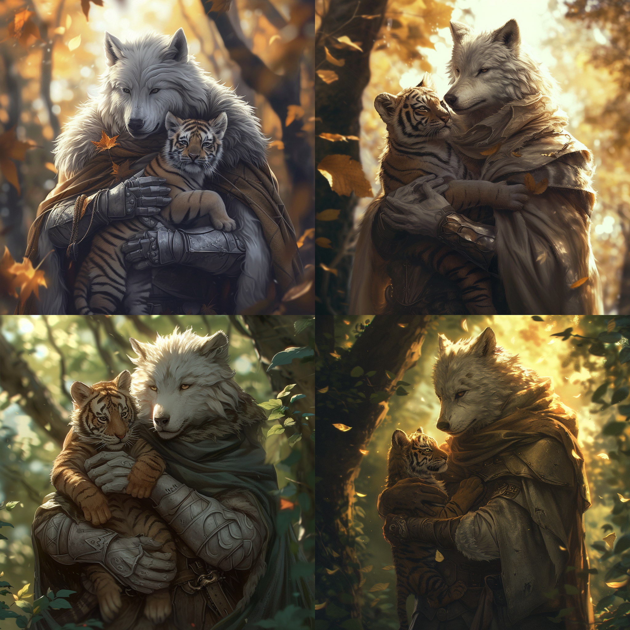 人形白狼身穿斗篷铠甲，怀抱伤痕累累的老虎宝宝。在神秘森林中，阳光透过树叶洒落，照亮了狼和老虎宝宝的面庞。狼表情坚毅，眼神中透露着保护和温暖，而老虎宝宝则显得脆弱而依赖。画面构图对称，色调以暖色调为主，突出狼的威严和老虎宝宝的脆弱。镜头使用长焦距，模糊了背景，突出主题。保护，依赖，勇气，温暖，脆弱，神秘，对称，长焦距。