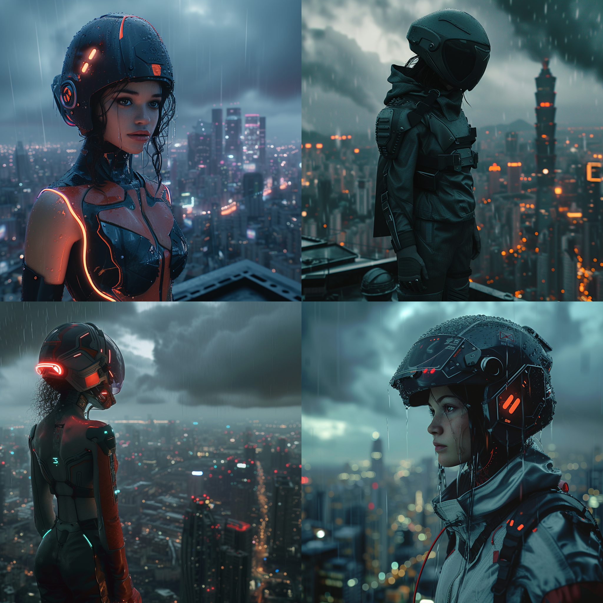 17岁女孩，科技感衣服，头盔，城市楼顶，乌云密布，雨中，末日废土，冷光，赛博朋克风格，科幻细节，两点透视构图，人占三分之一画面，8k高清，c4d渲染。