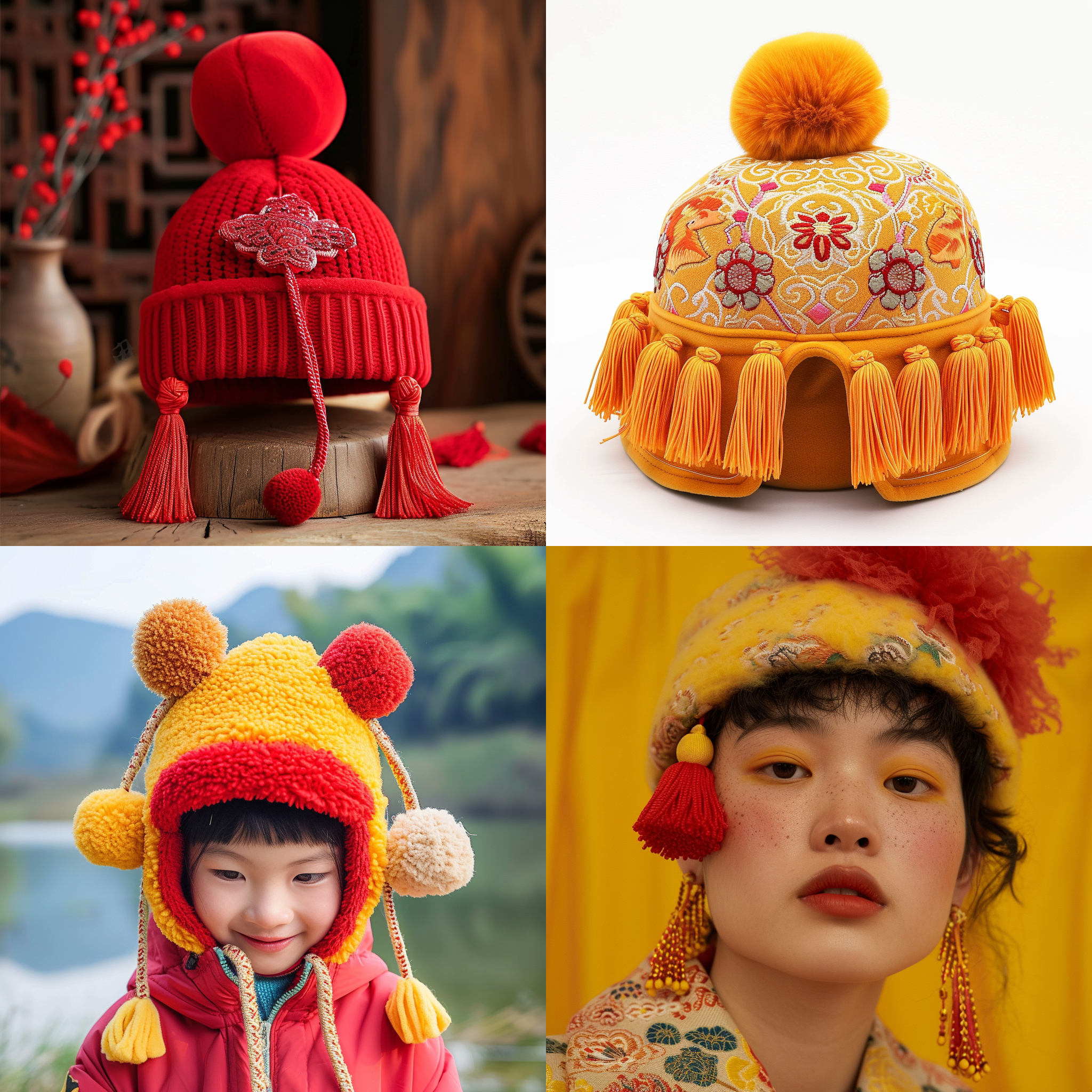 青笄 毛绒帽子 红 爆竹 中国结 黄 禅