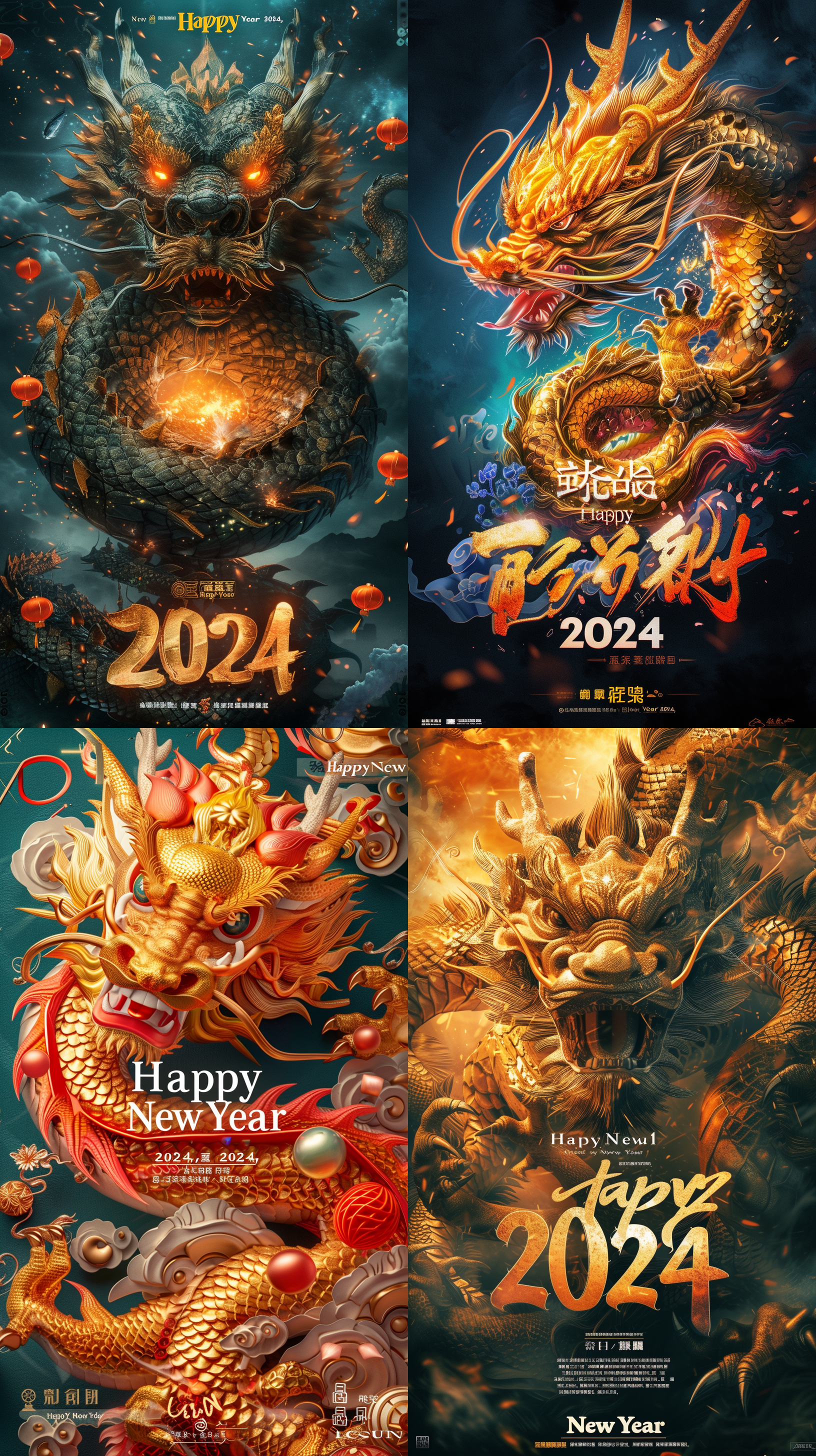 新年海报设计，中心构图，排版字体在中心位置，并以短句写着：“2024新年快乐，”神话传说中的中国金龙环绕，超现实主义，中国风超逼真，超玄幻，玄幻引擎，3d,数字渲染，莱卡镜头，全景摄影，视频拍摄，uhd,