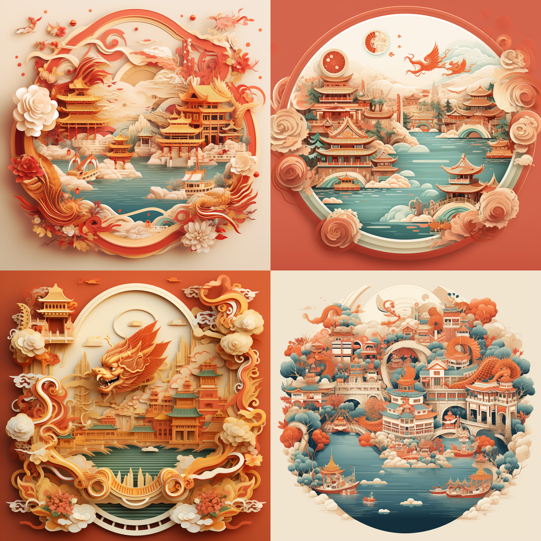 祝福卡上绘制着一幅精美的春节龙年图案，背景是上海的水乡风光。画面中展现了中国元素，如红色、金色和龙的形象，传达出浓厚的祝福氛围。照片采用鸟瞰视角，焦距适中，明亮而温暖的色彩，带给人们喜庆的感觉。 prompt: 鸟瞰视角，焦距适中，明亮色彩，喜庆，祝福，上海，水乡，龙年，中国元素