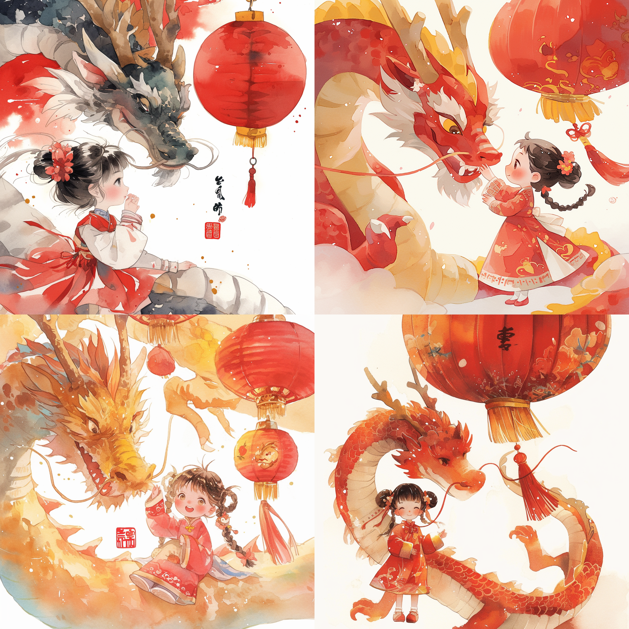 中国小女孩 春节 中国龙 灯笼 春联 水彩画风格
