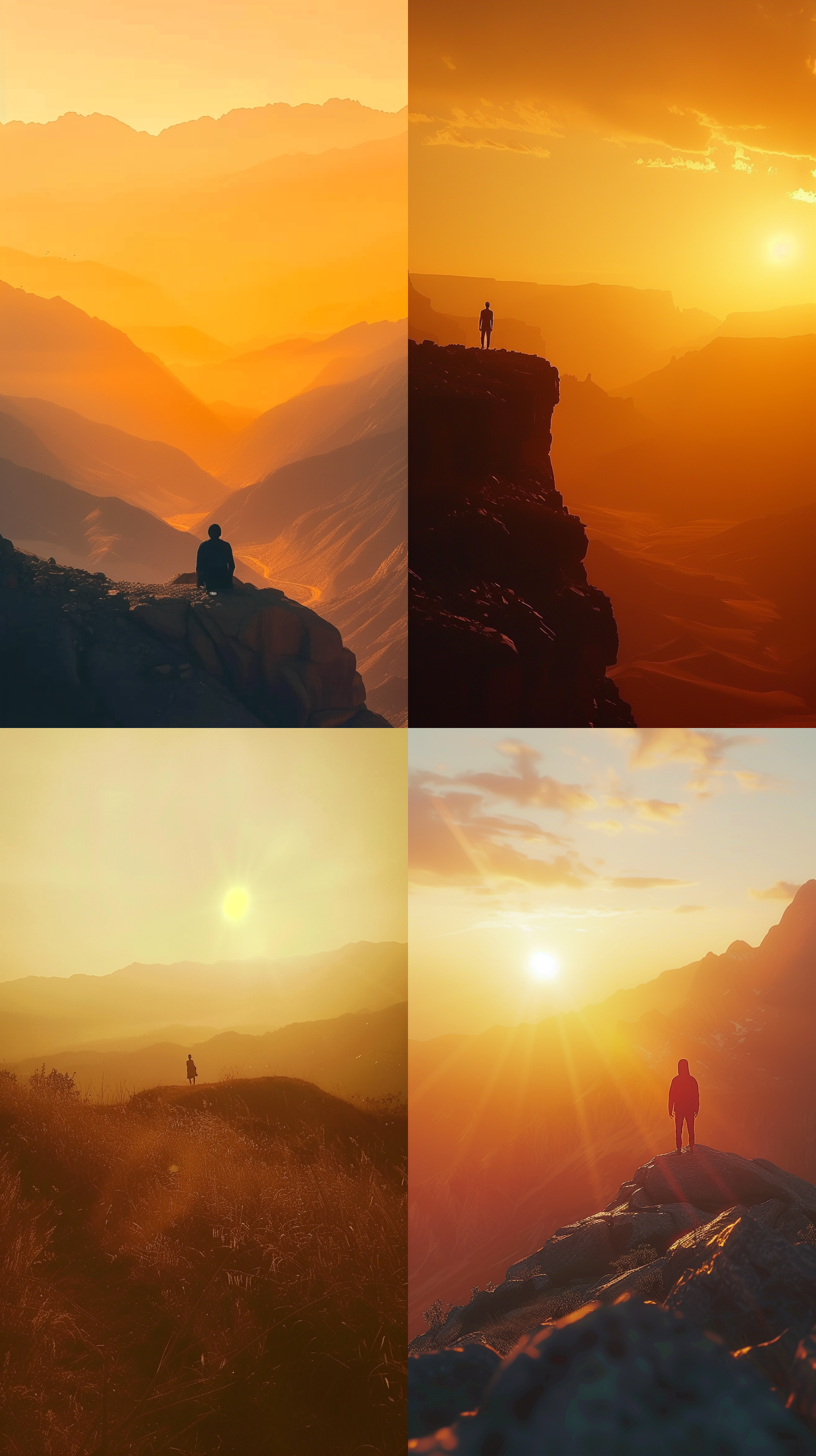 山顶瞭望，橙色阳光照耀，远眺山脉，孤独身影，暖色调，长焦镜头，逆光，静态，宁静。 天空 黄 摄影纪实