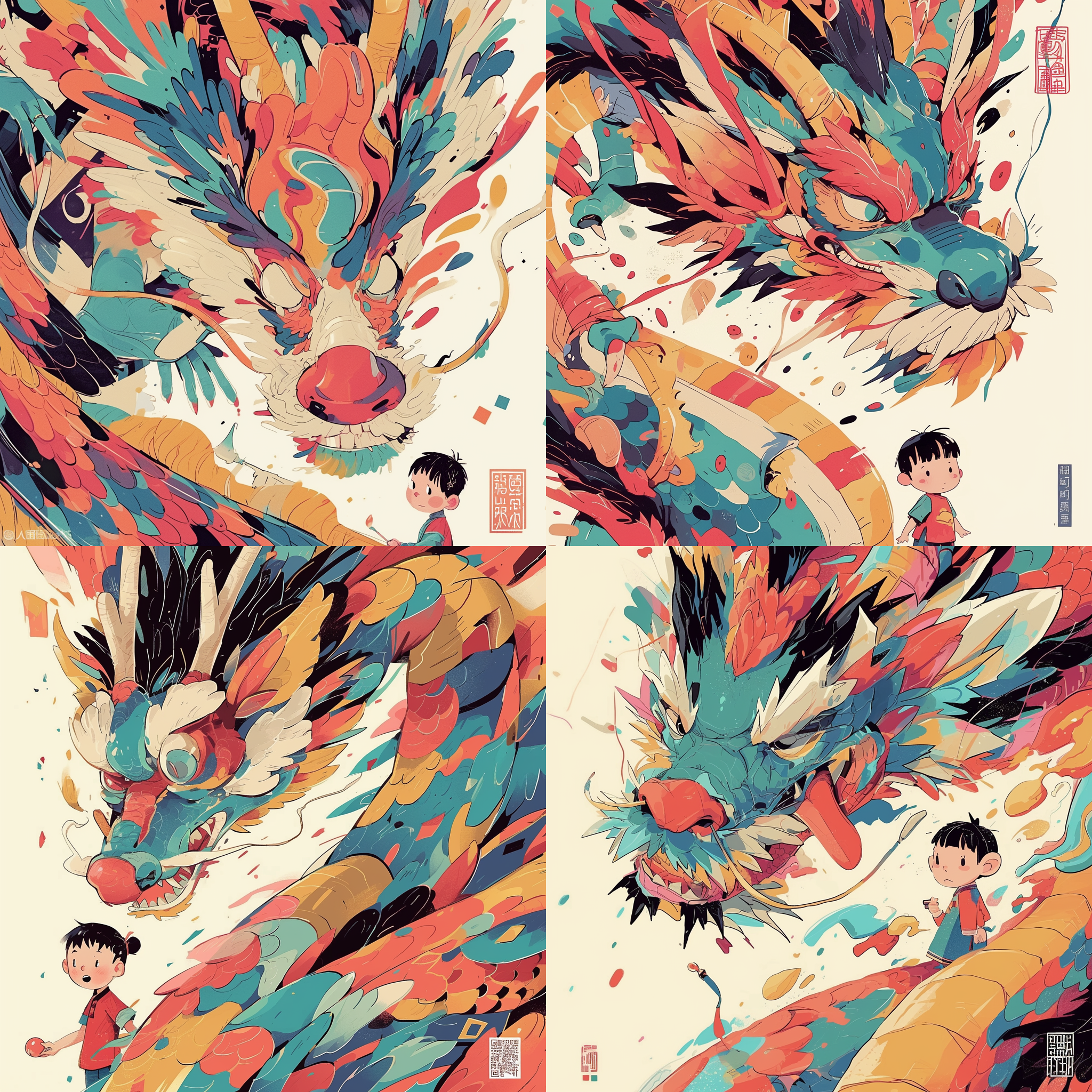 色彩斑斓的中国龙和小男孩