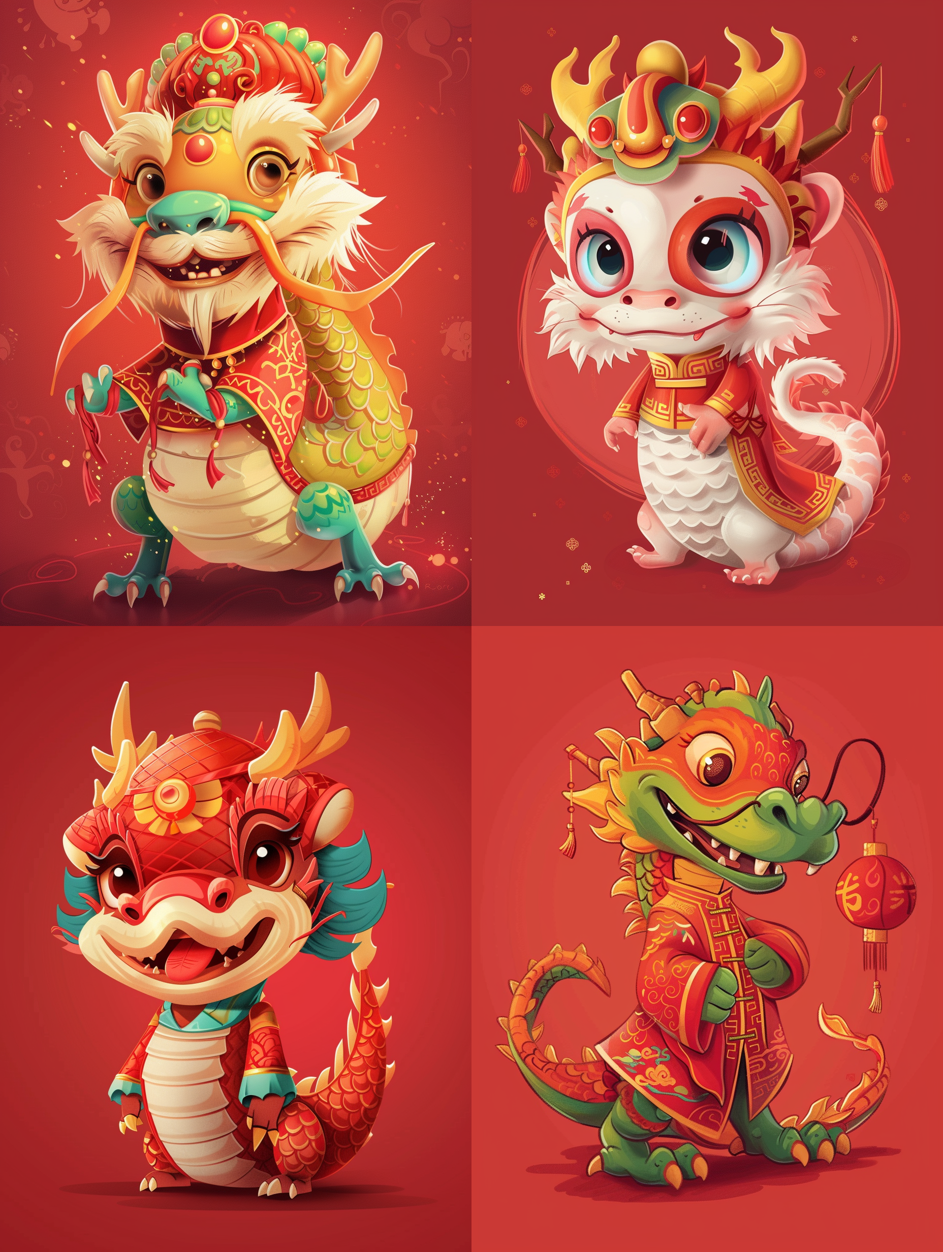 穿着中式服装的一条卡通龙，拜年，时尚，可爱，幸福，红色背景，卡通艺术