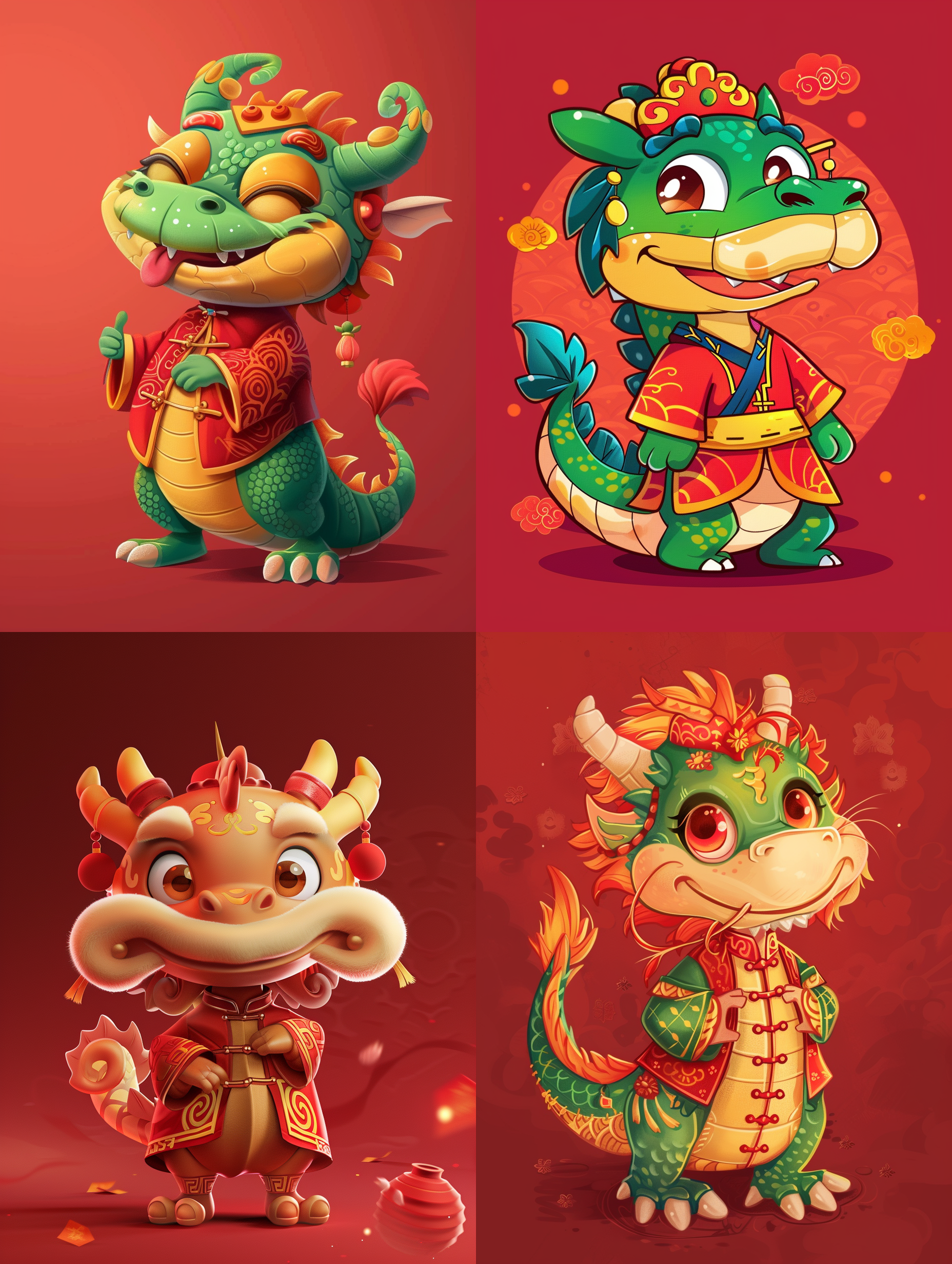 穿着中式服装的一条卡通龙，拜年，时尚，可爱，幸福，红色背景，卡通艺术