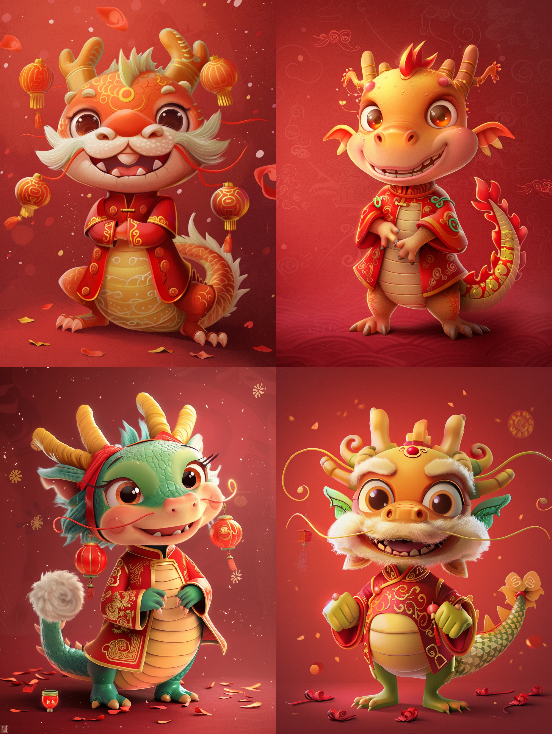 穿着中式服装的一条卡通龙，拜年，时尚，可爱，幸福，红色背景，卡通艺术