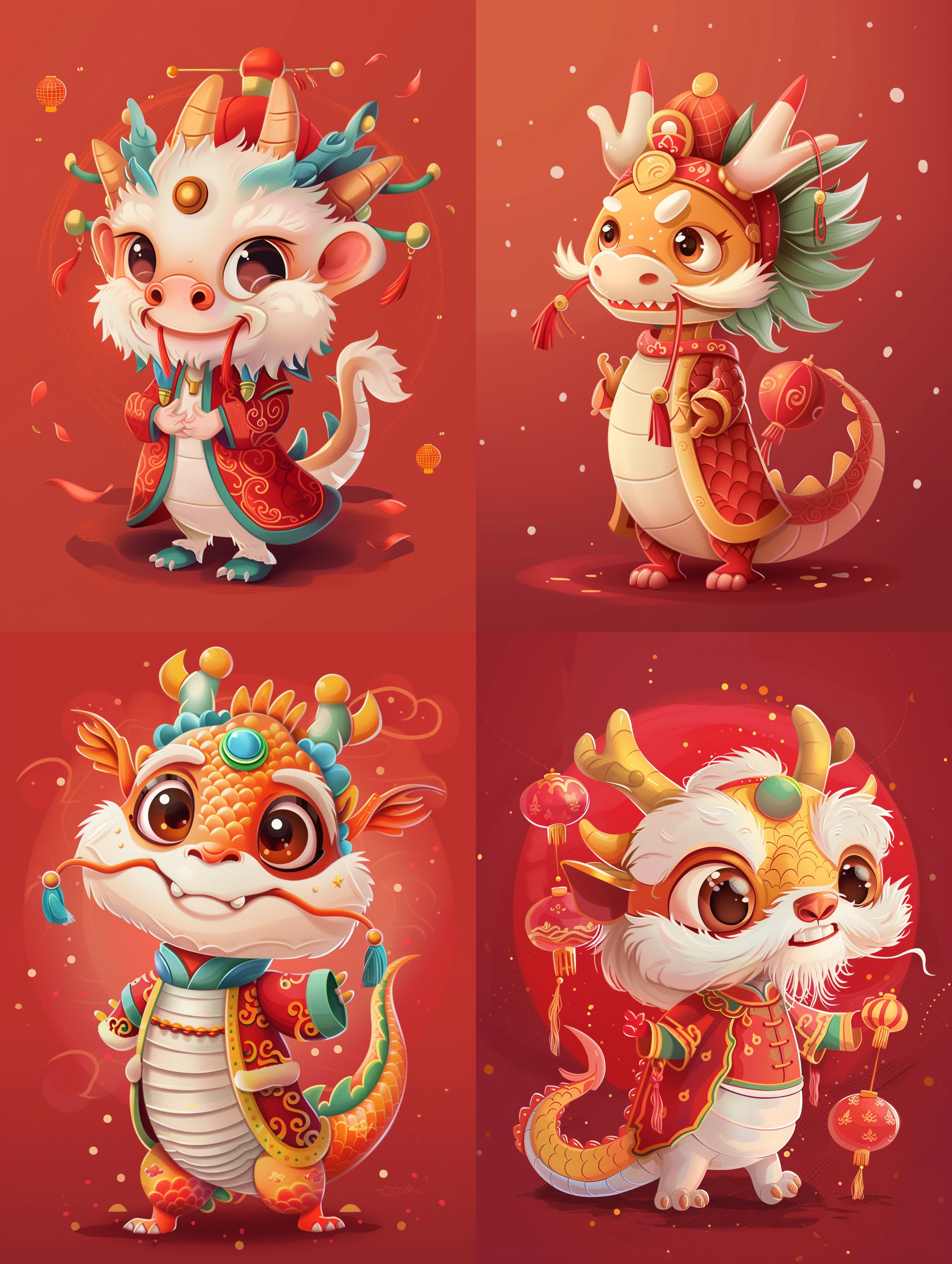 穿着中式服装的一条卡通龙，拜年，时尚，可爱，幸福，红色背景，卡通艺术
